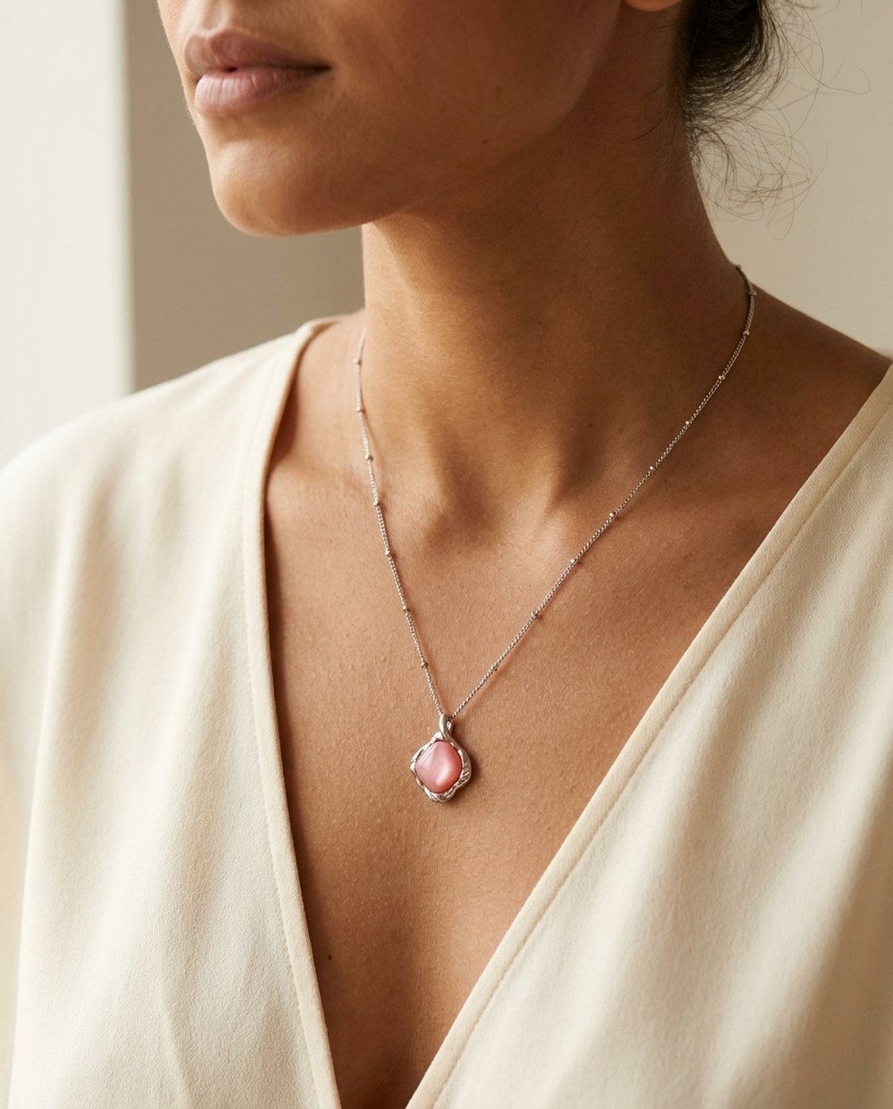 A V-neck top worn with a sterling silver necklace whose pink shell pendant hangs inside the V, with bare skin between it and the point of the neckline