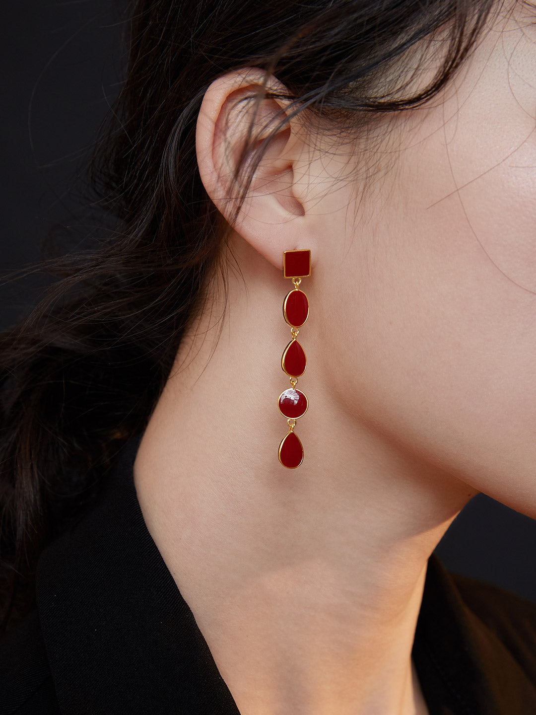 Chinese Red Enamel Earrings | Geometric Dangle Sterling Silver Collection