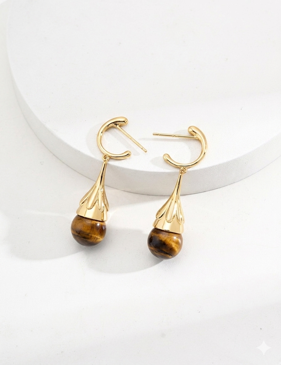 Sterling Silver Earrings | Black Onyx & Tiger’s Eye Natural Gemstone – view 3
