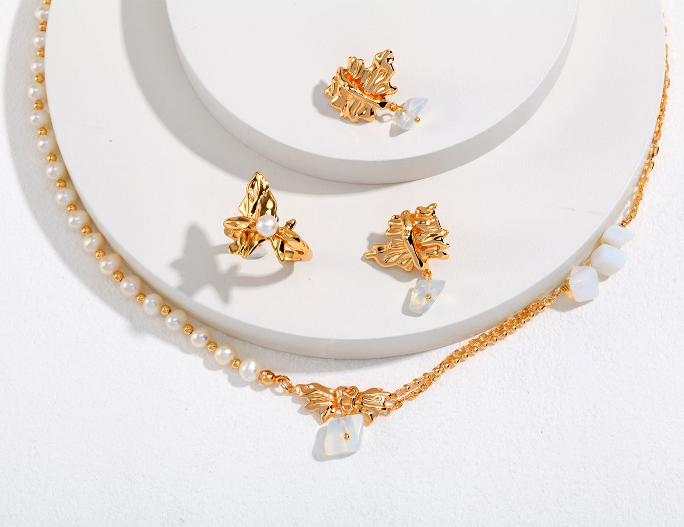 Irregular Pleated Series Sterling Silver Pearl Necklace and Earrings Set