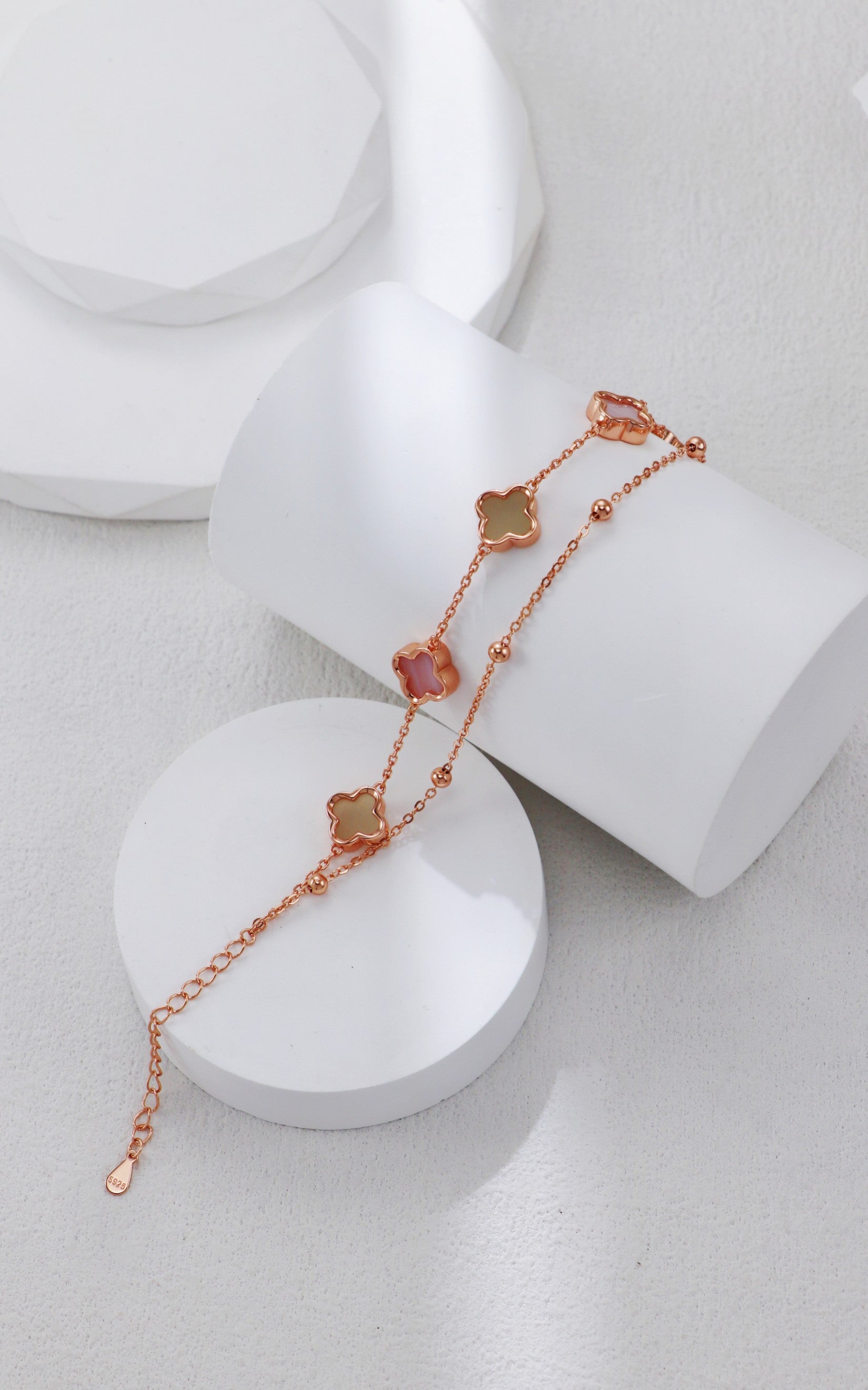 S925 Silver Hetian Jade & Mother of Pearl Clover Bracelet