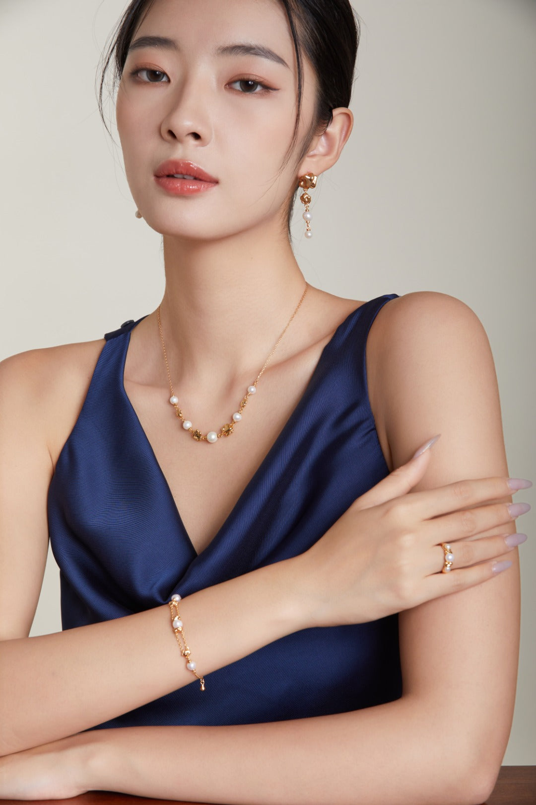 S925 Silver Molten Gold Pearl Collection Jewelry Set