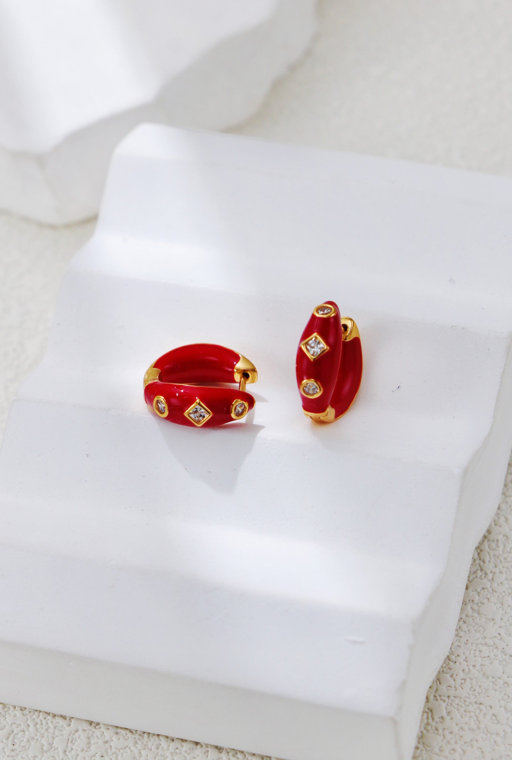 S925 Silver Vintage Gold Festive Red Enamel Earrings