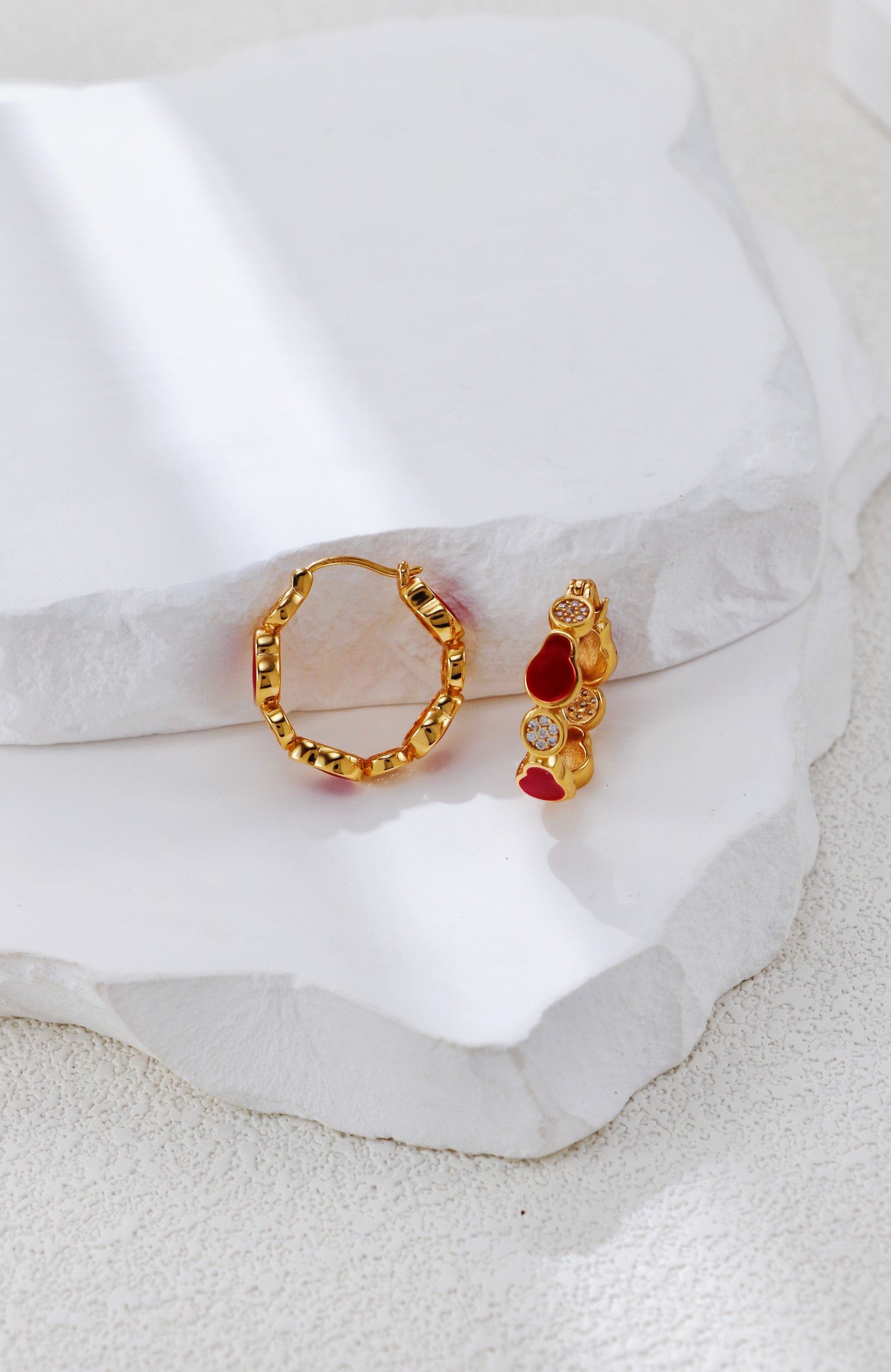 S925 Silver Vintage Gold Geometric Design Red Enamel Earrings with Zicron Accents