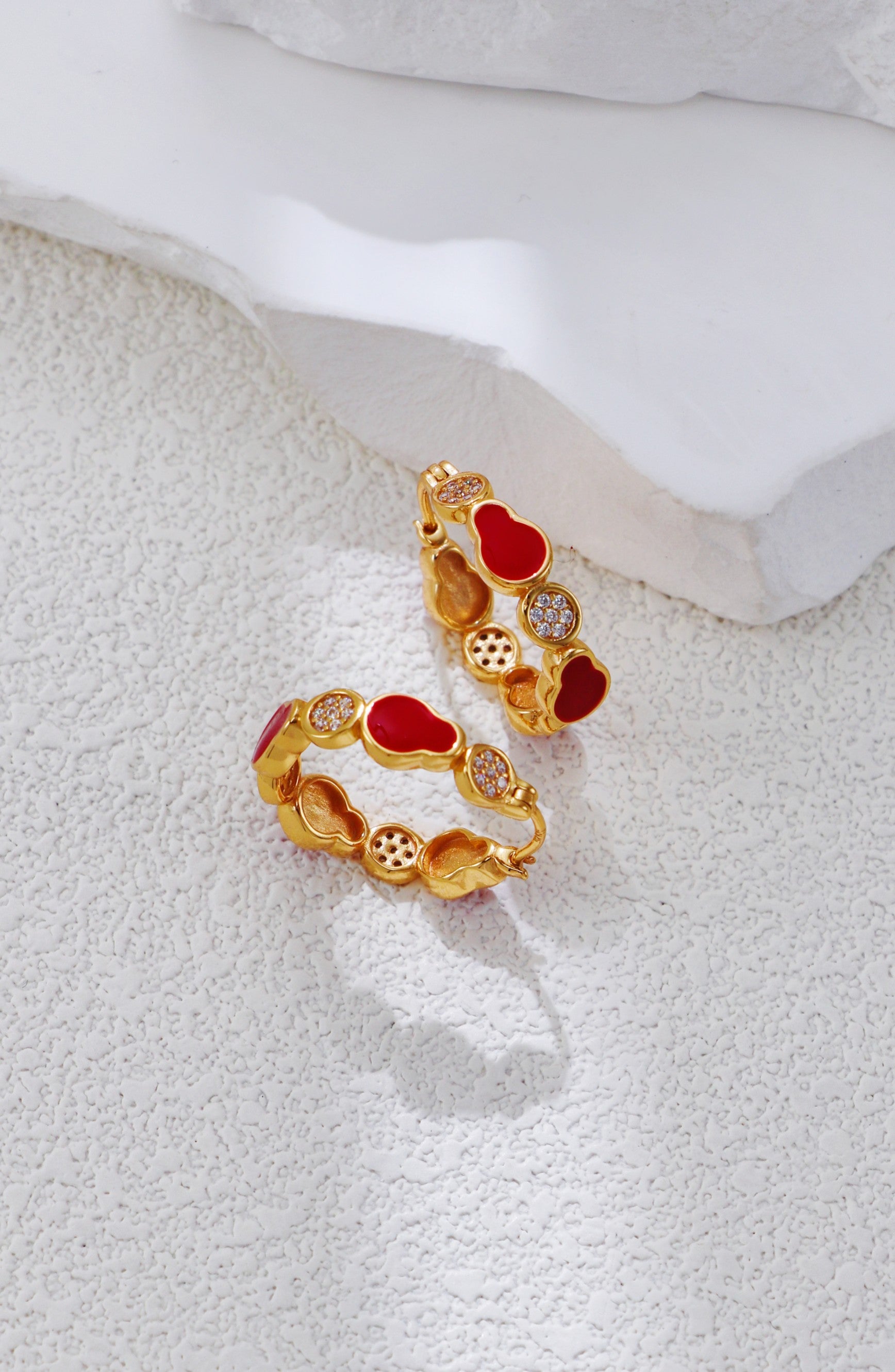 S925 Silver Vintage Gold Geometric Design Red Enamel Earrings with Zicron Accents