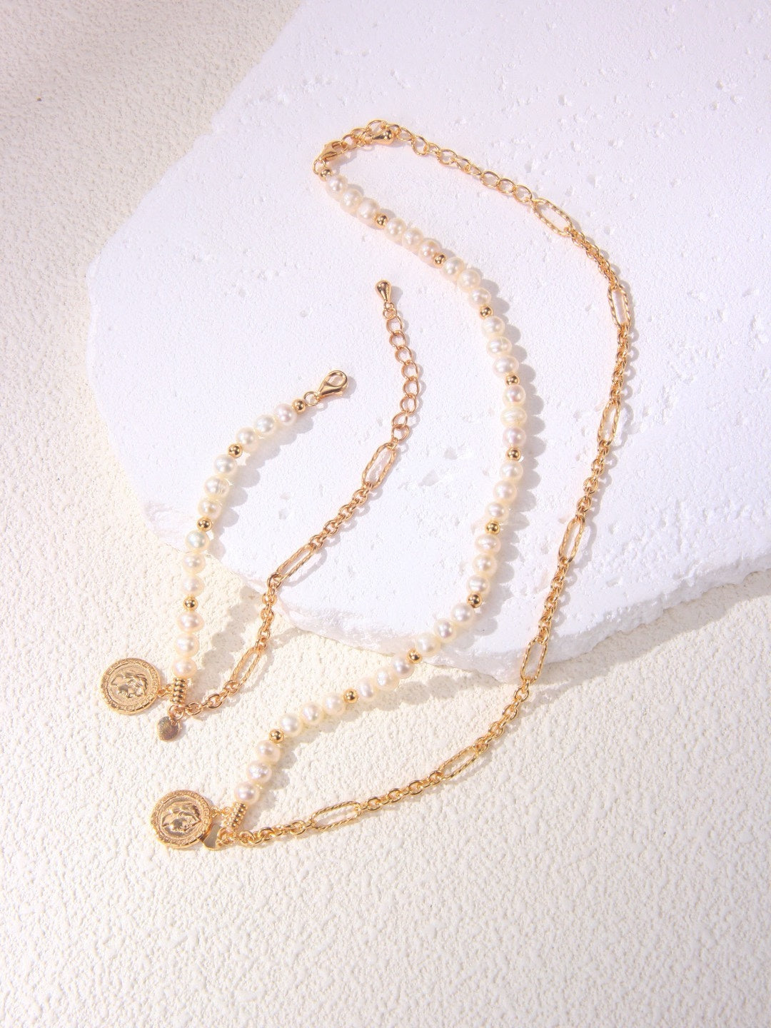 S925 Silver Vintage Gold Natural Pearl Bracelet and Necklace Set