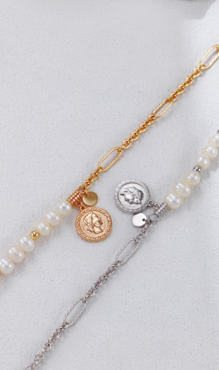 S925 Silver Vintage Gold Natural Pearl Bracelet and Necklace Set