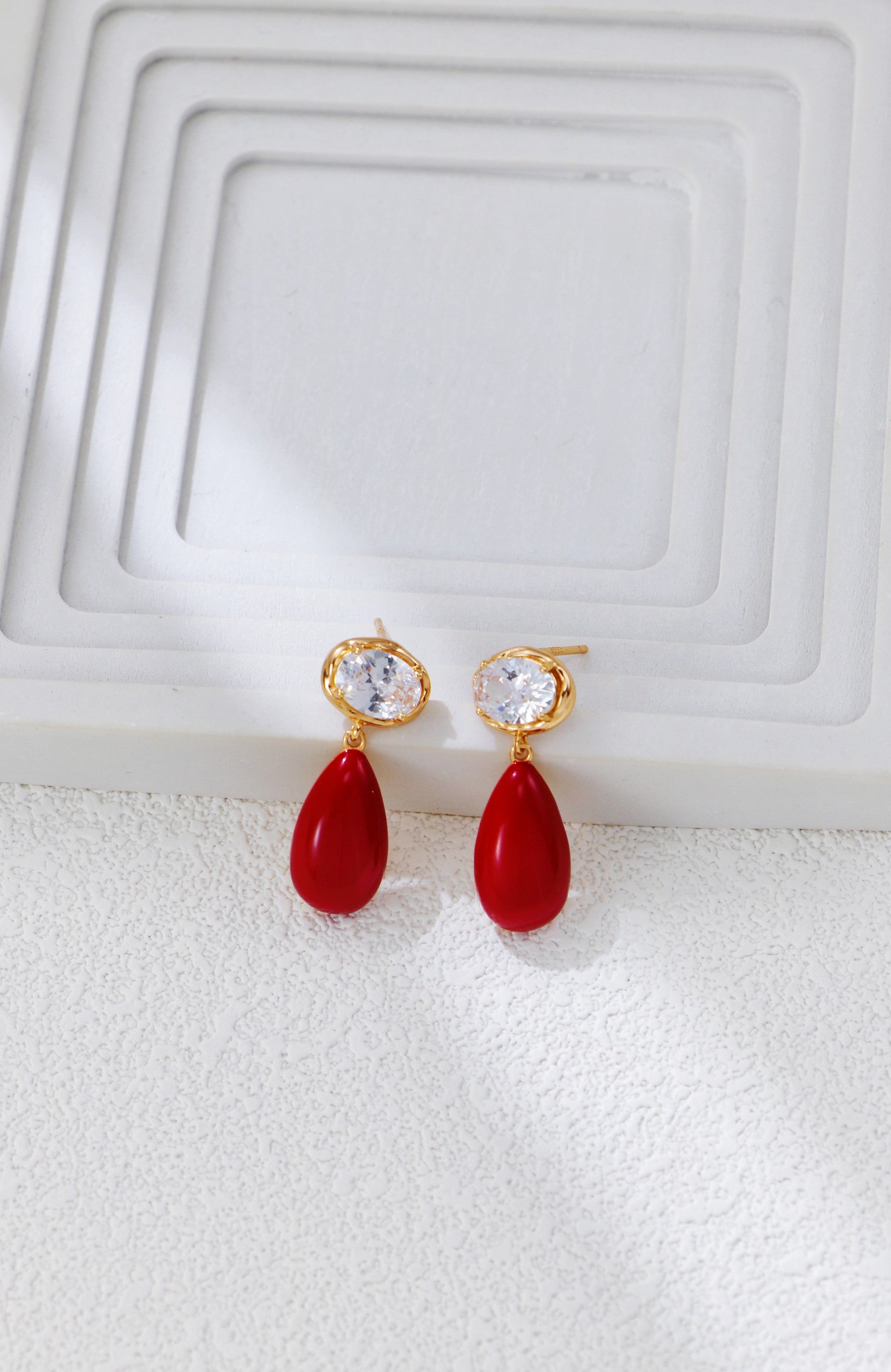 S925 Silver Vintage Gold & Red Enamel Earrings | Sparkling Luxury