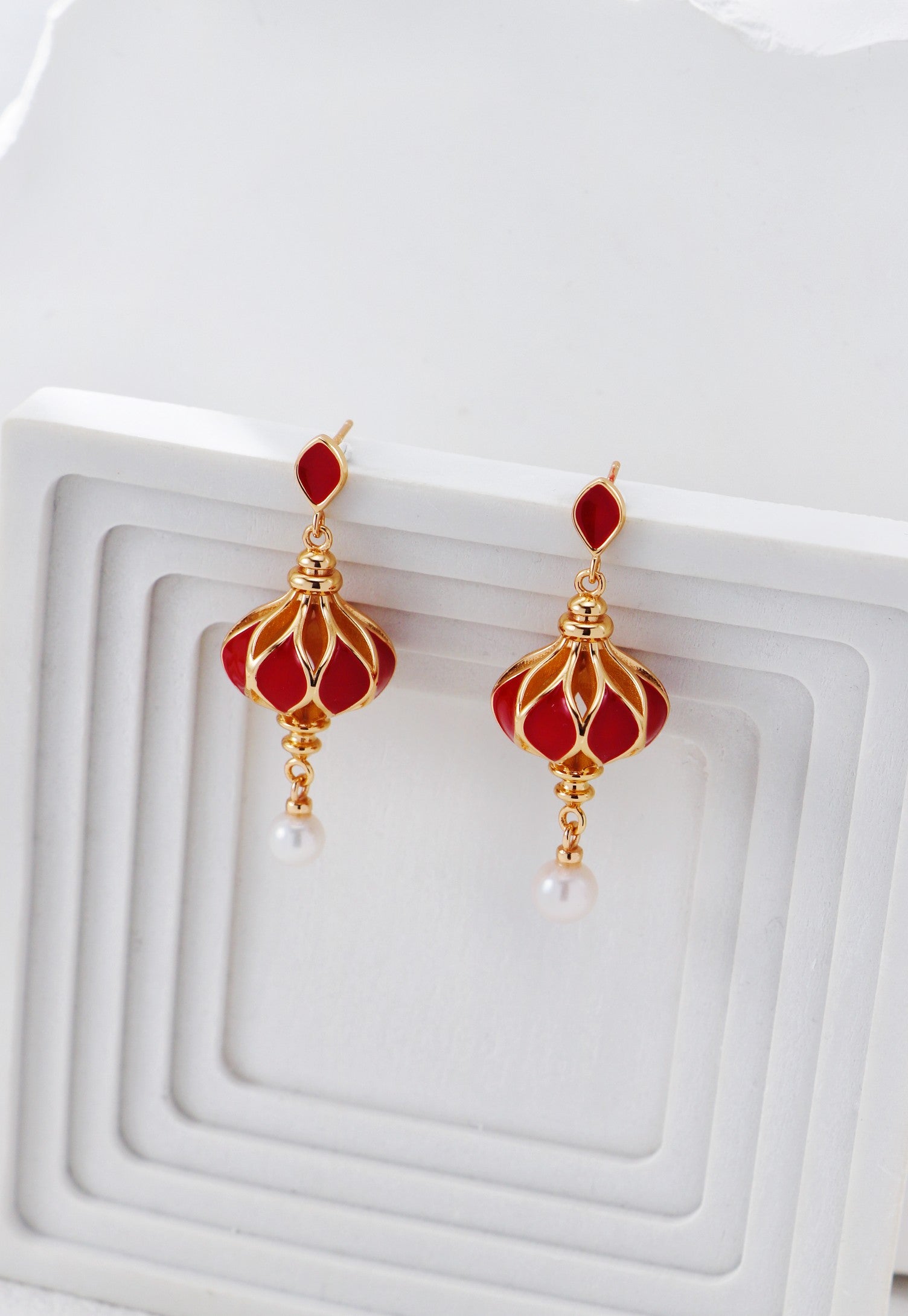 S925 Silver Vintage Gold Red Enamel Lantern Pearl Earrings