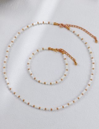 S925 Silver Vintage Gold White Shell Necklace And Bracelet Set
