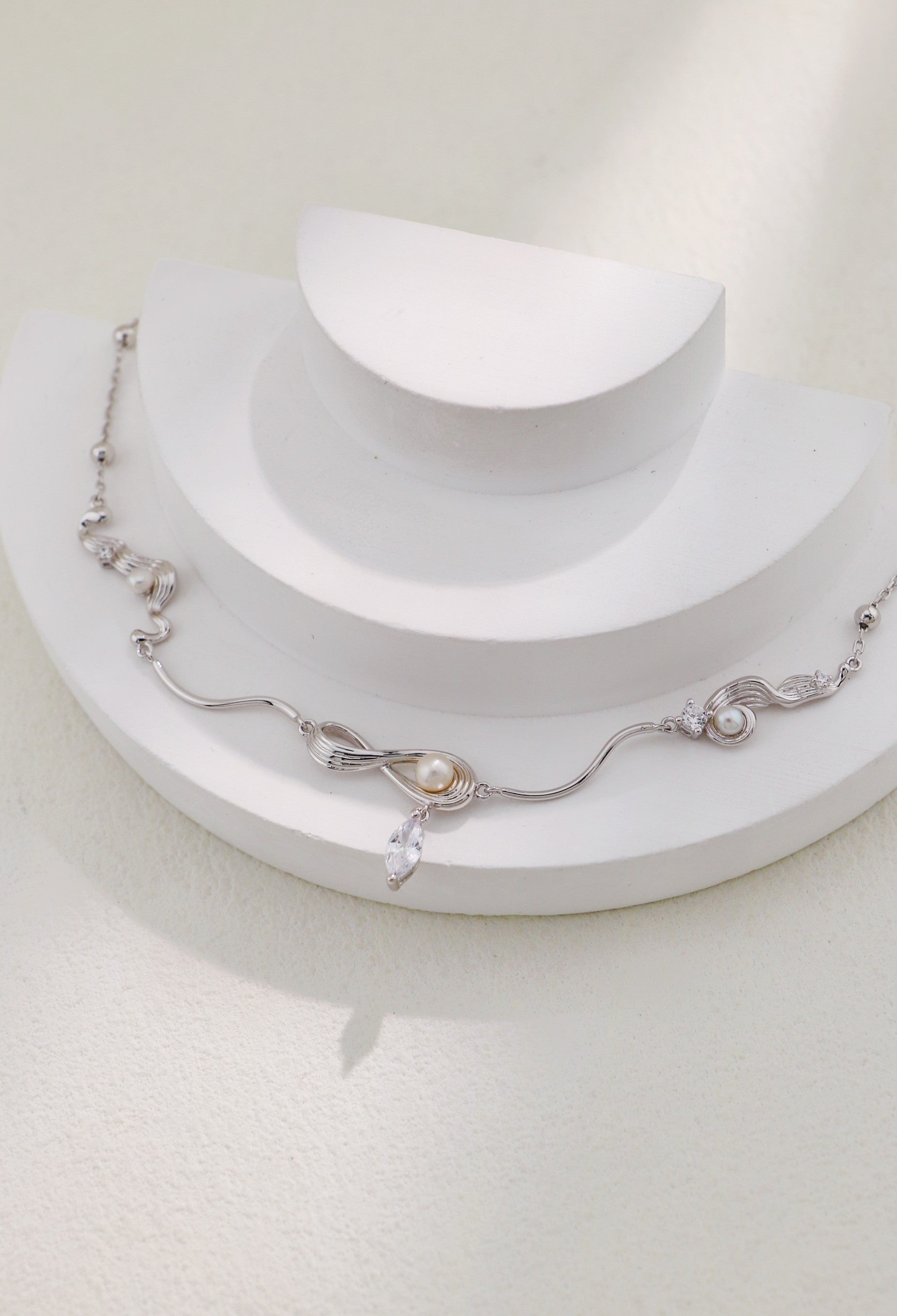S925 Silver Wave Pearl & Zircon Necklace