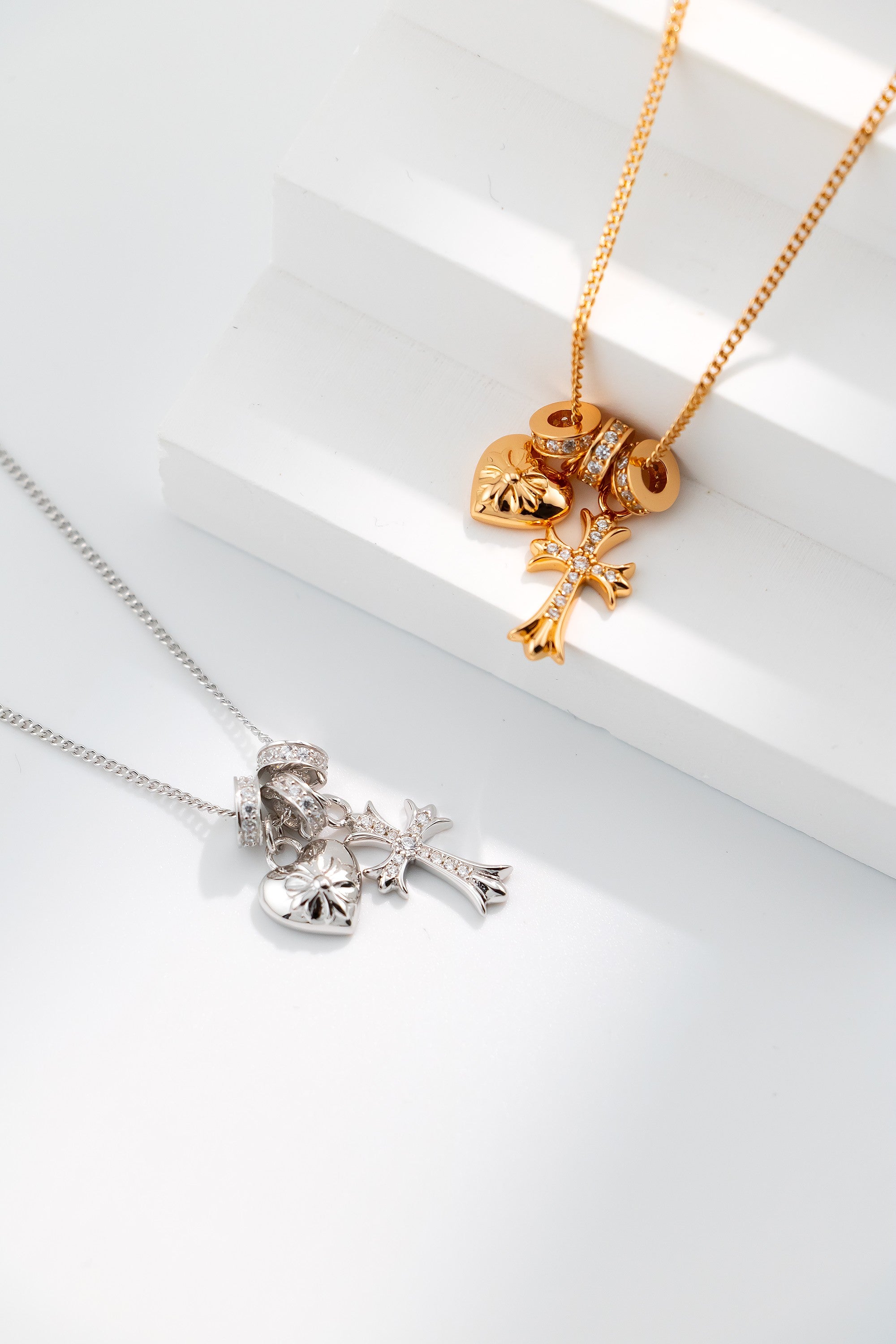 S925 Silver Zircon Heart & Cross Necklace