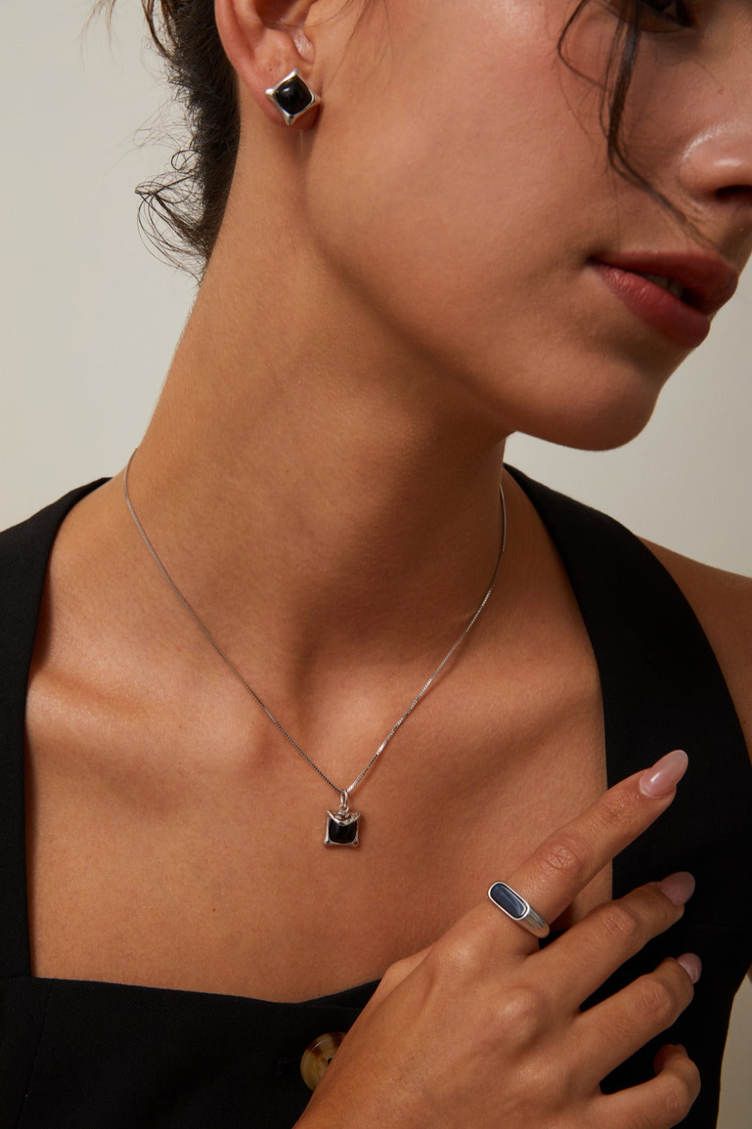Square Cut Black Agate & Sterling Silver Necklace