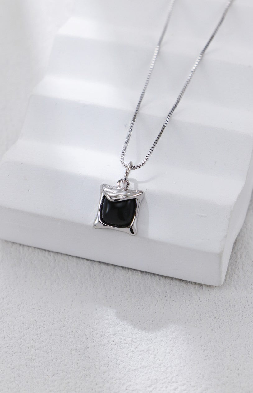 Square Cut Black Agate & Sterling Silver Necklace