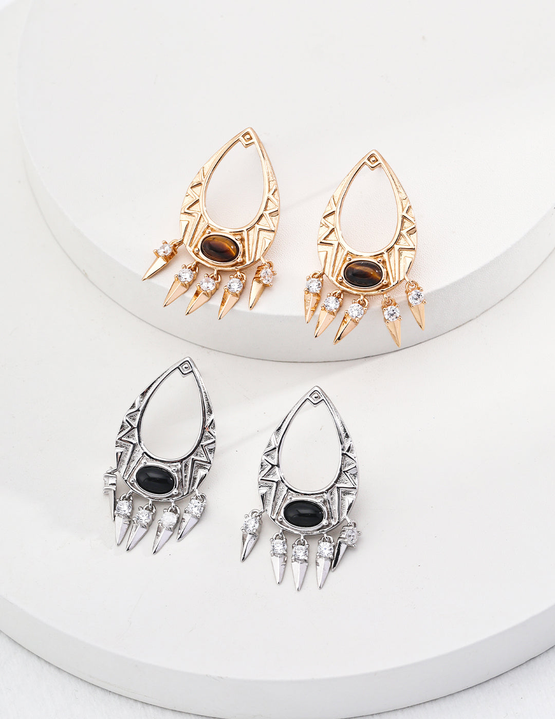 Sterling Silver Black Onyx & Tiger’s Eye Vintage Earrings | Timeless Retro Charm