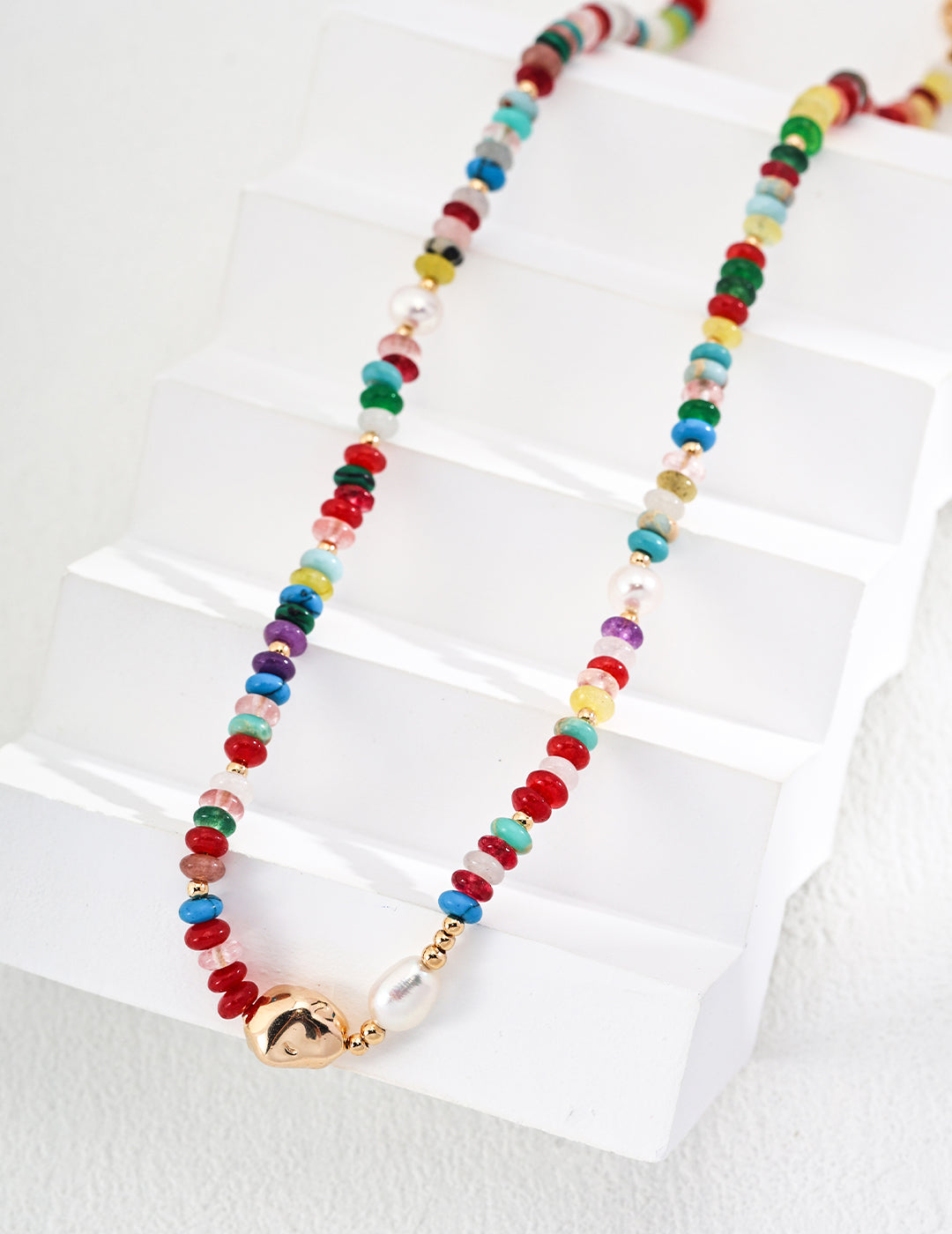 Sterling Silver Pearl & Colorful Gemstone Necklace