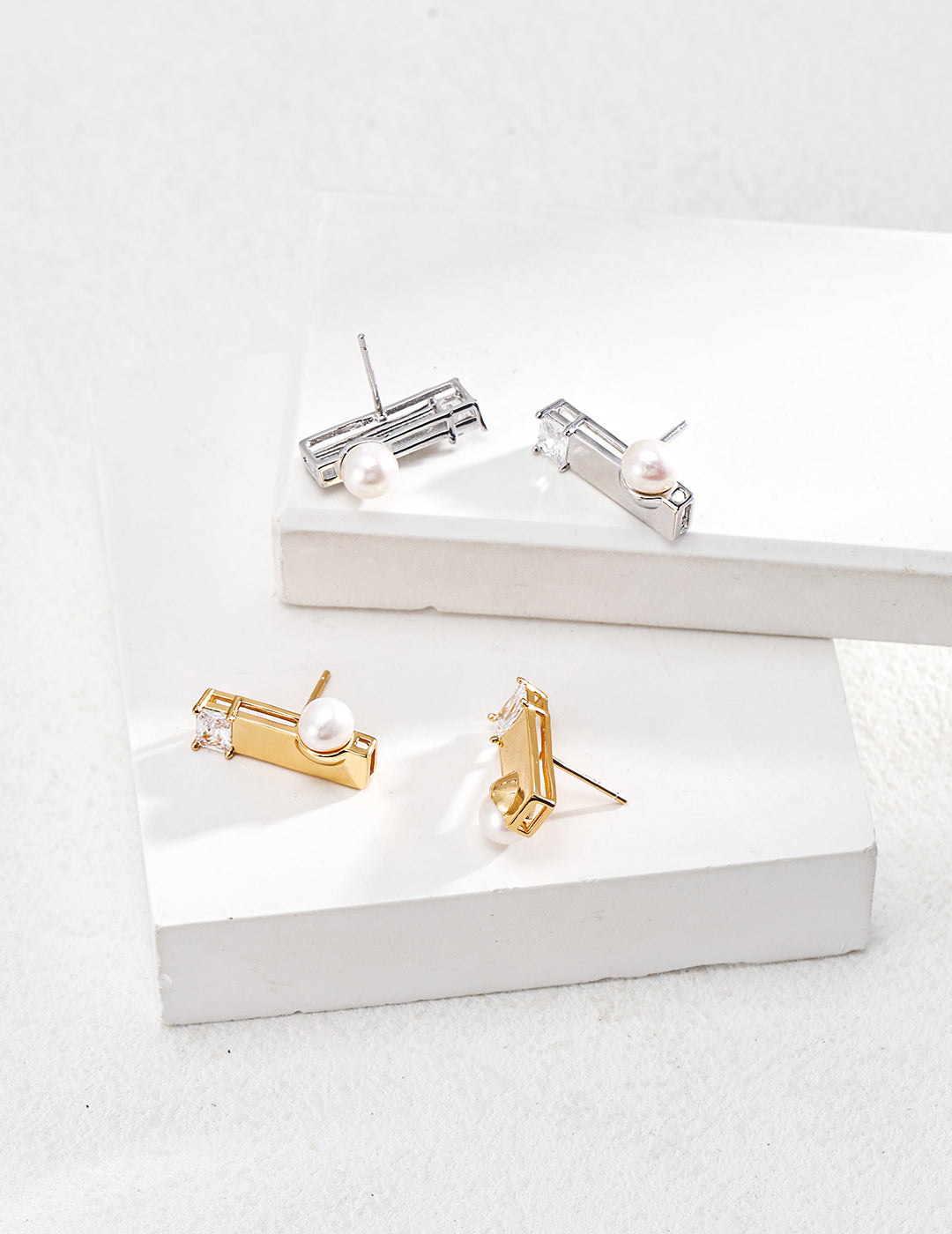 Sterling Silver Pearl Earrings | Minimalist Zircon Studs with Elegance