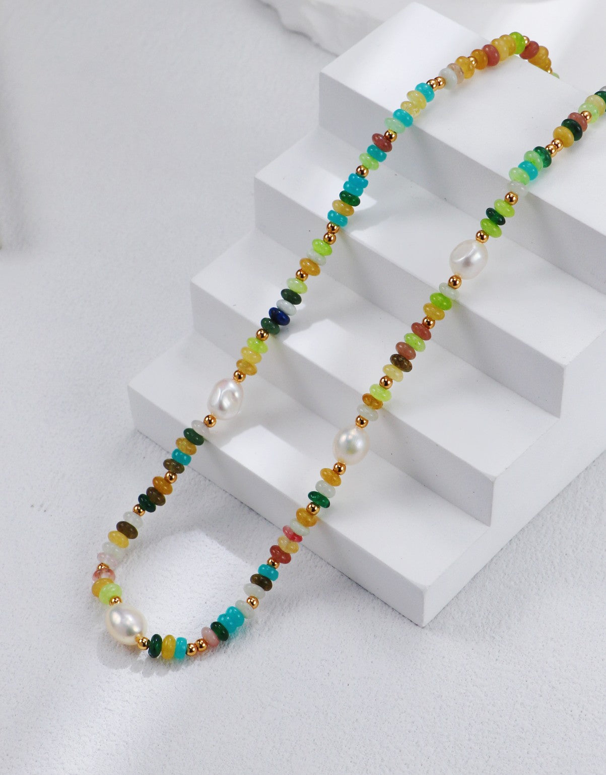 S925 Silver Vintage Gold Rainbow Pearl Necklace and Bracelet Set