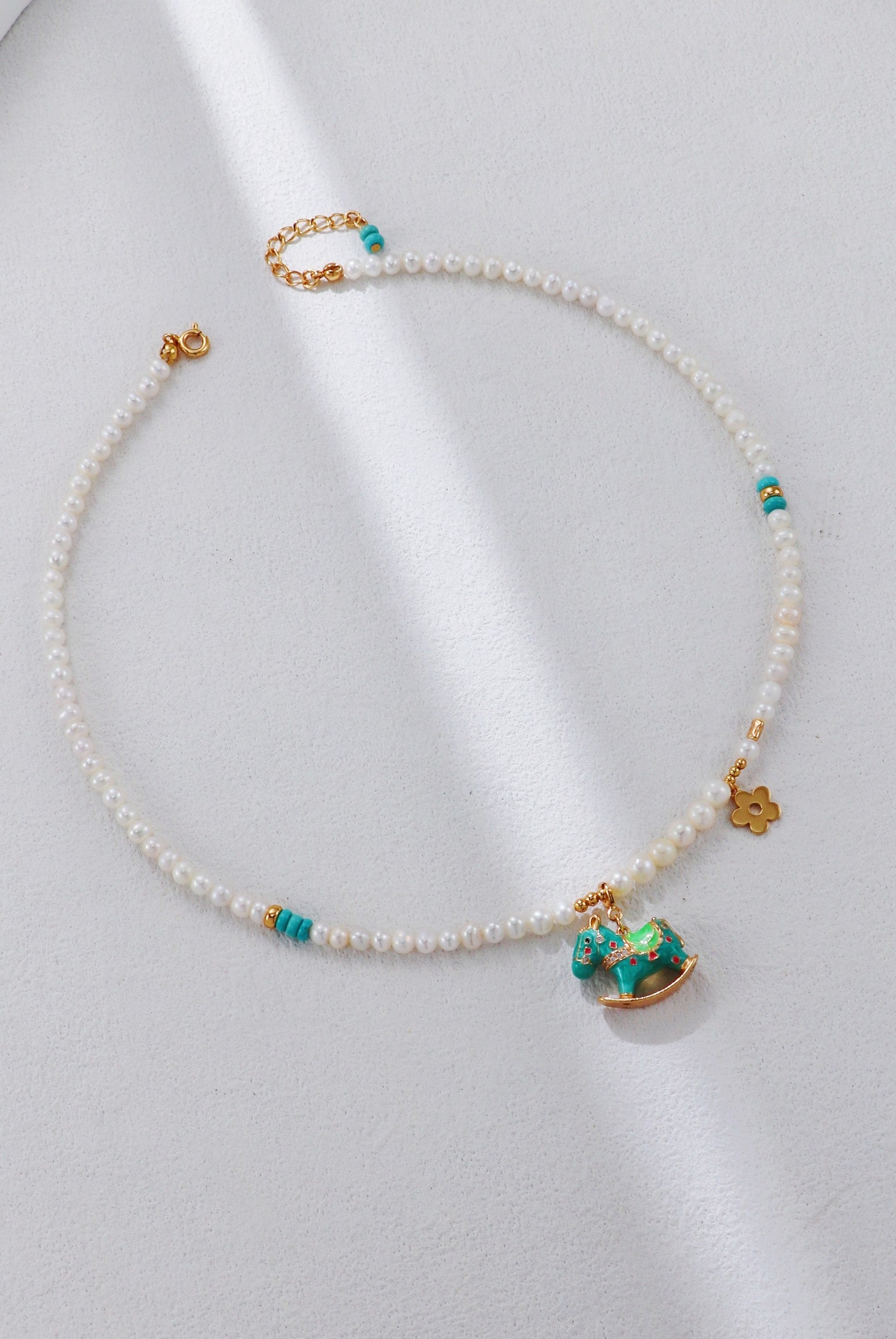 S925 Silver Retro Gold Enamel Trojan Horse Pearl Necklace