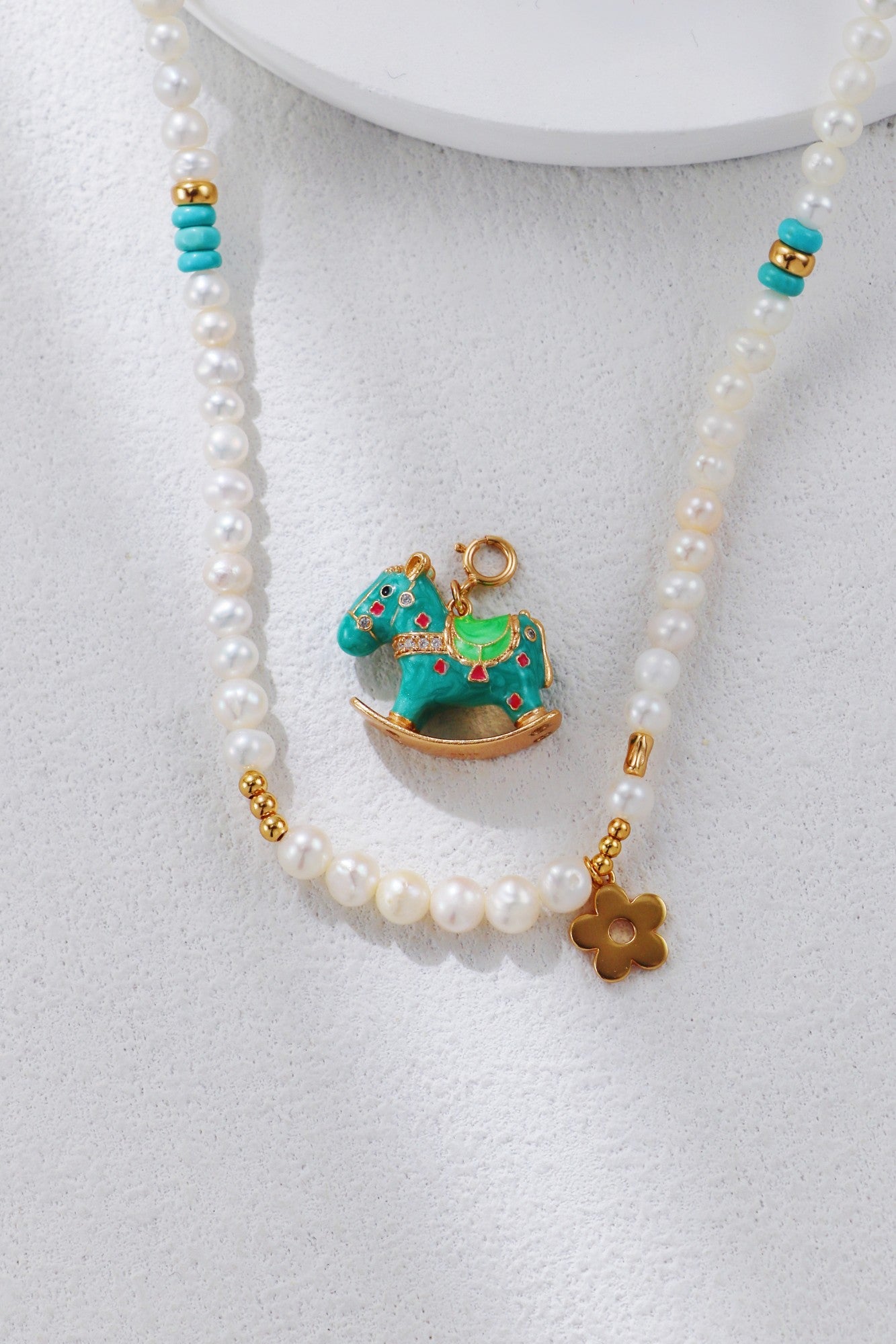 S925 Silver Retro Gold Enamel Trojan Horse Pearl Necklace