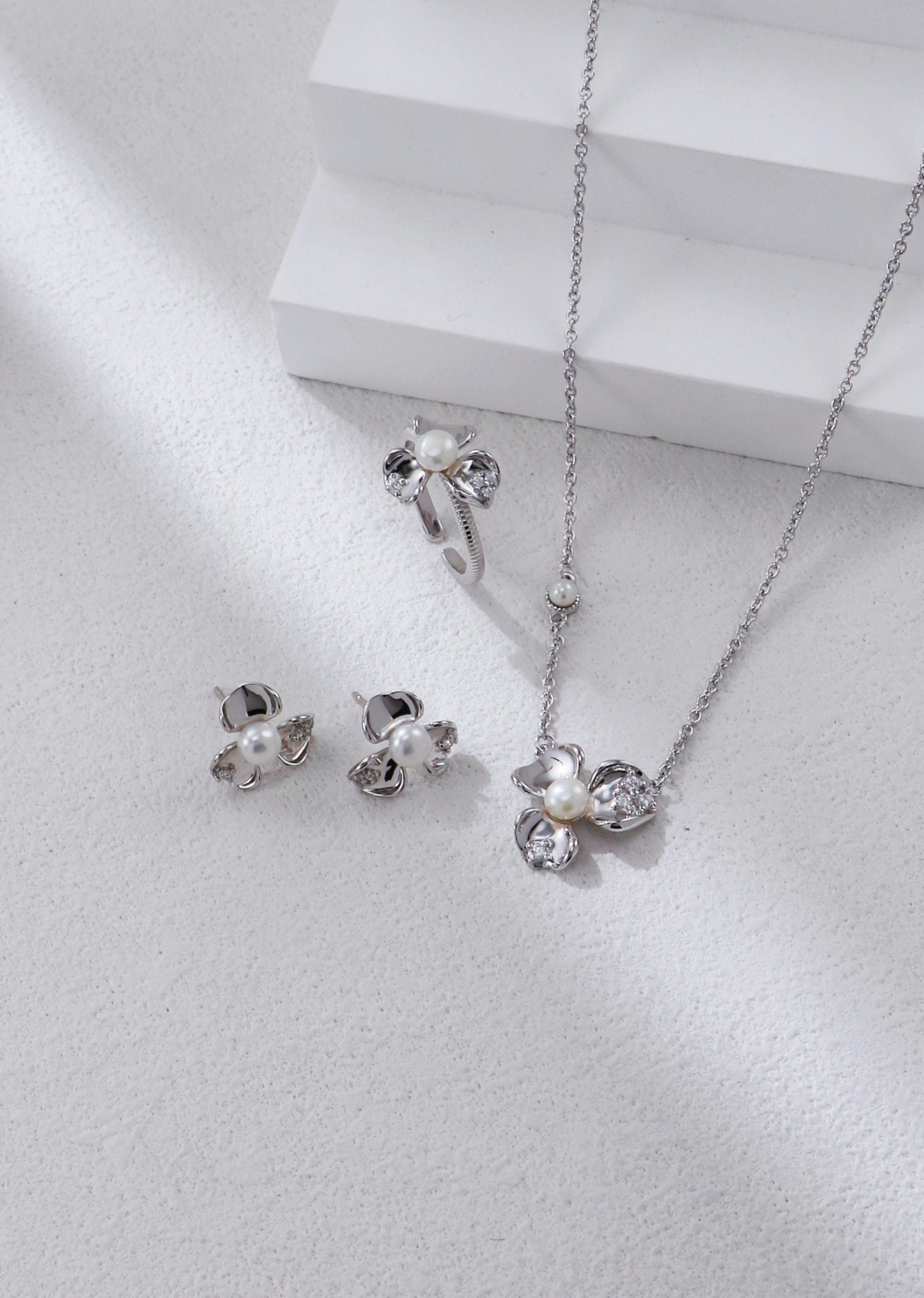 The Botanical Boutique Collection Set | S925 Silver, Pearl & Pavé Blossom
