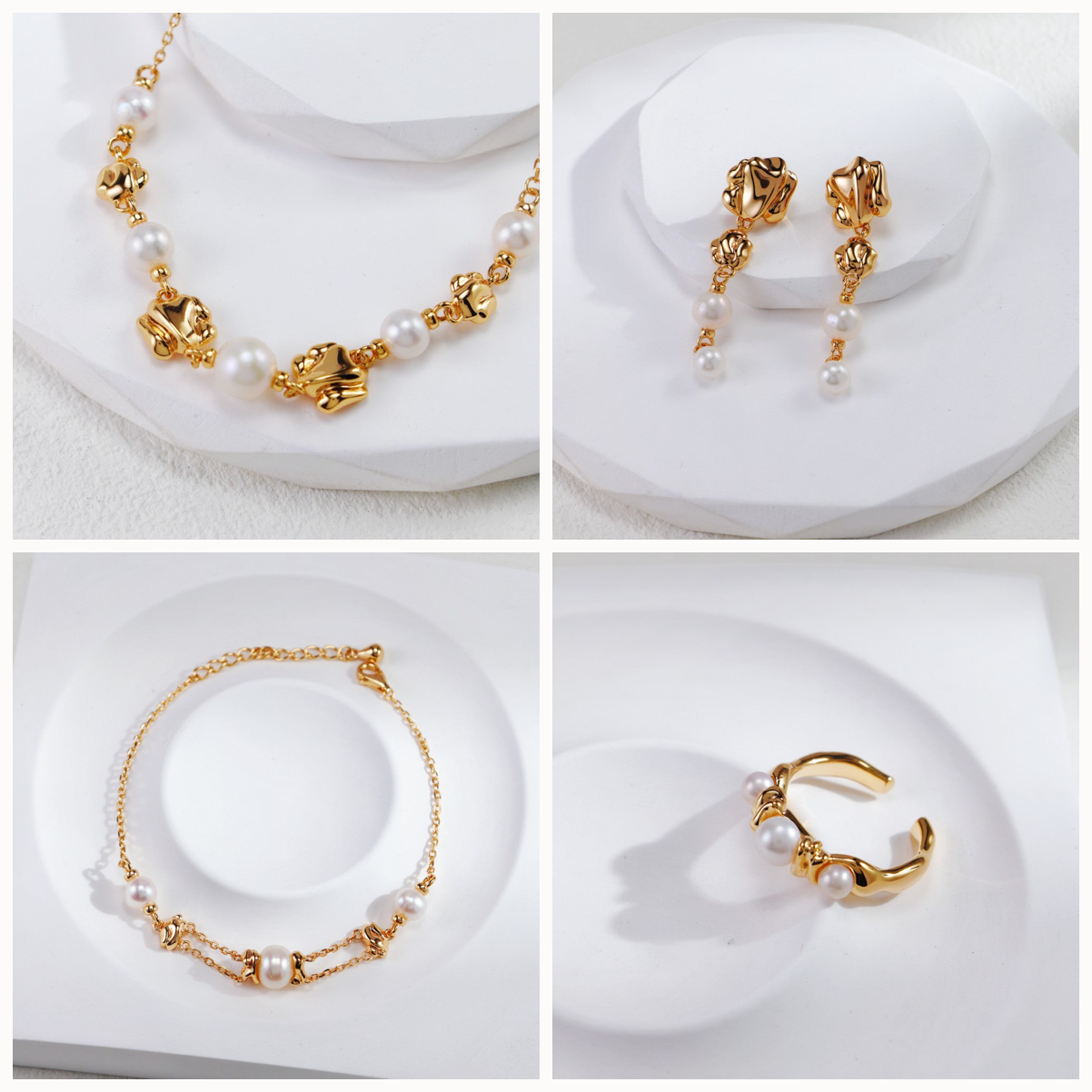Sterling Silver Molten Gold Pearl Set — necklace, earrings, bracelet and ring (4-piece)