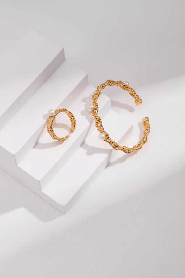 The Molten Ocean Collection | Liquid Sterling Silver & Natural Pearl Bangle and Ring Set