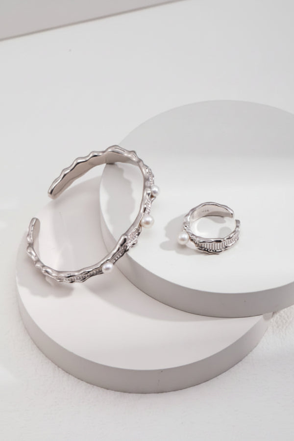 The Molten Ocean Collection | Liquid Sterling Silver & Natural Pearl Bangle and Ring Set