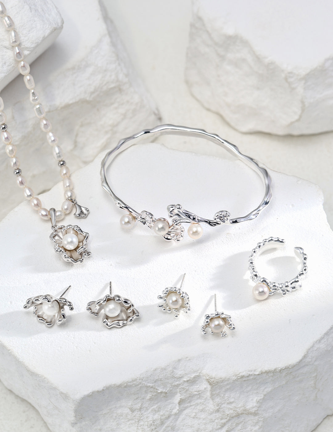 The Oceanic Romance Collection | Sterling Silver Wave Natural Pearl Jewelry Set