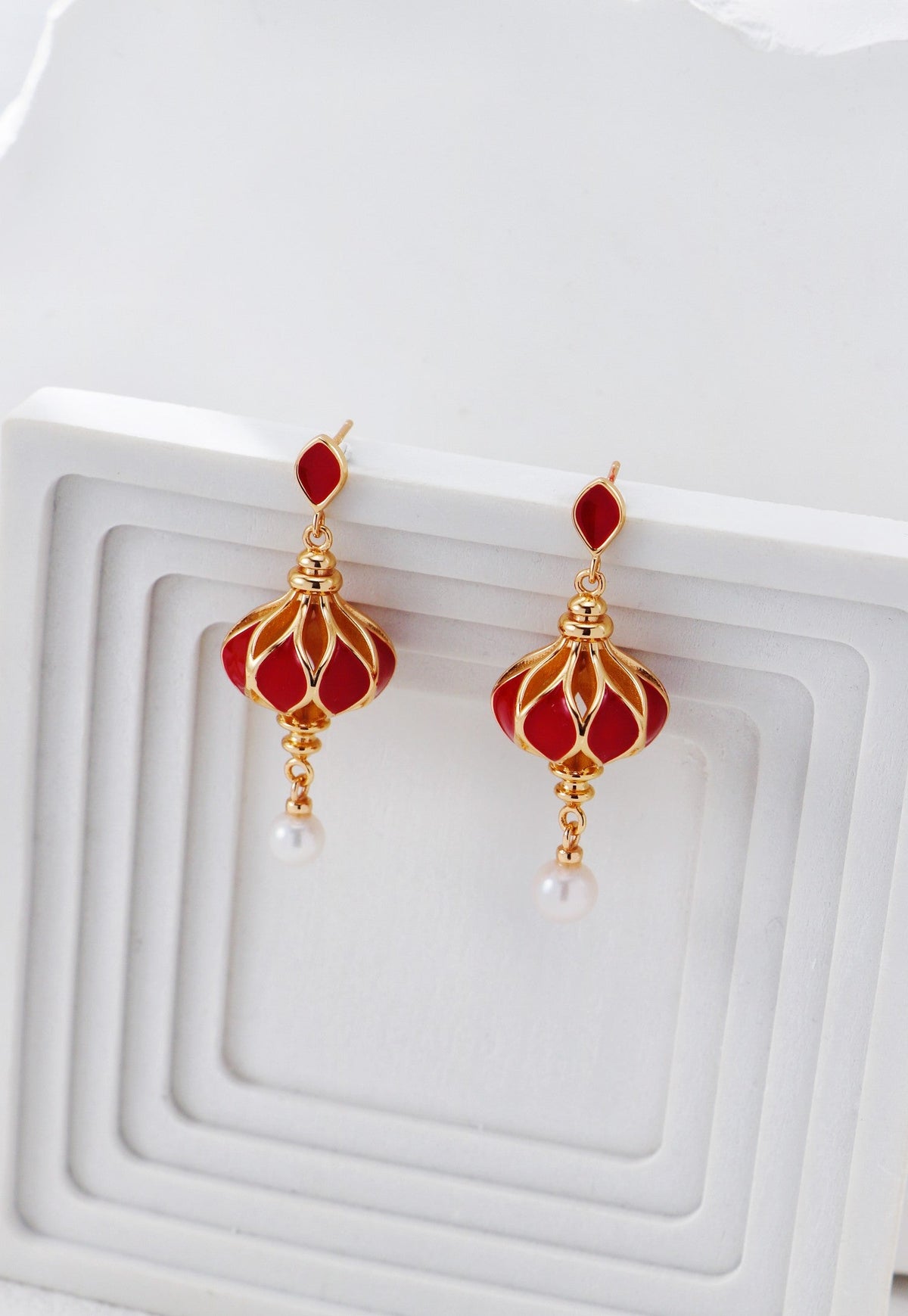 Chinese lantern earrings in solid S925 sterling silver with red enamel, a vintage gold finish, and a genuine freshwater pearl drop