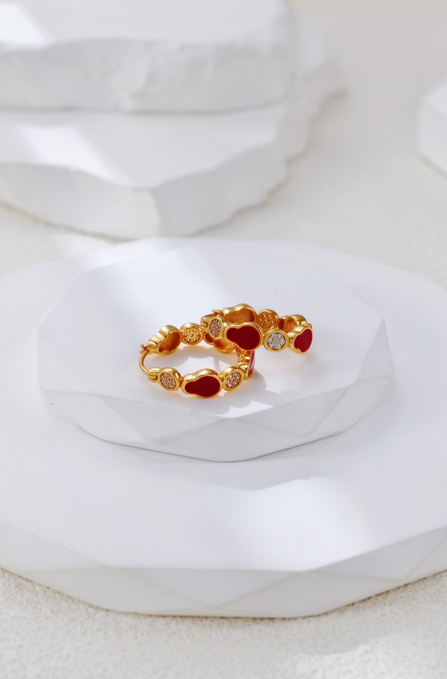 S925 Silver Vintage Gold Red Enamel Earrings