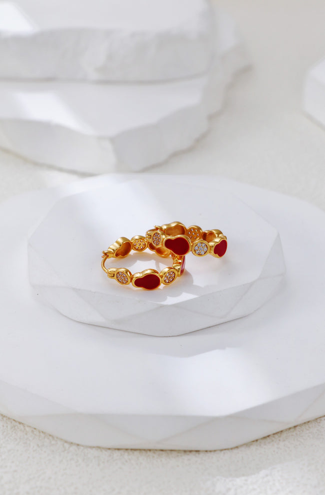 S925 Silver Vintage Gold Red Enamel Earrings Hover Image