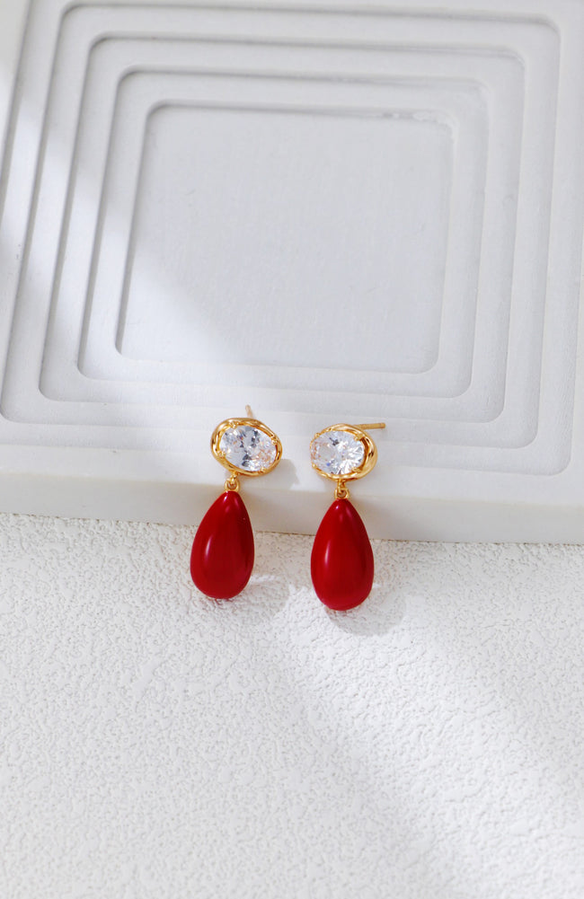 S925 Silver Vintage Gold&Red Enamel Earrings|Sparkling Luxury Hover Image
