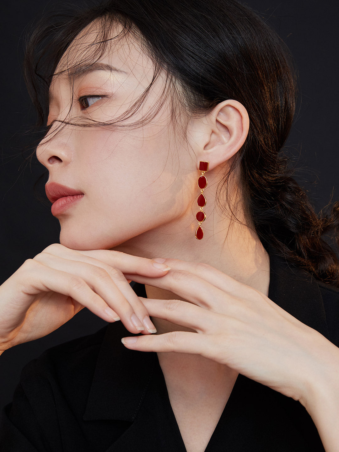 Chinese Red Enamel Earrings | Geometric Dangle Sterling Silver Collection