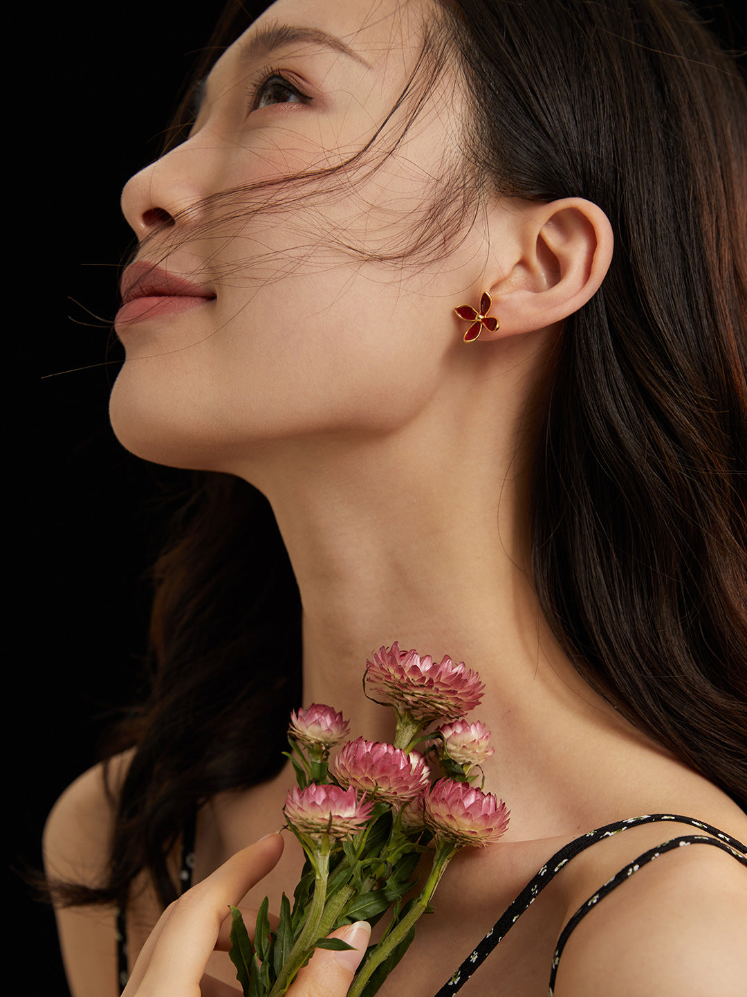 Chinese Red Enamel Flower Earrings | Sterling Silver Vibrant Bloom