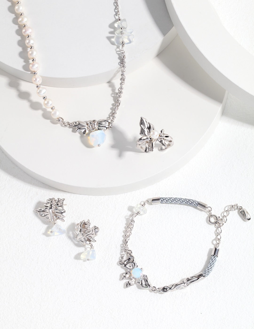 Irregular Pleated Series Sterling Silver Pearl Necklace and Earrings Set