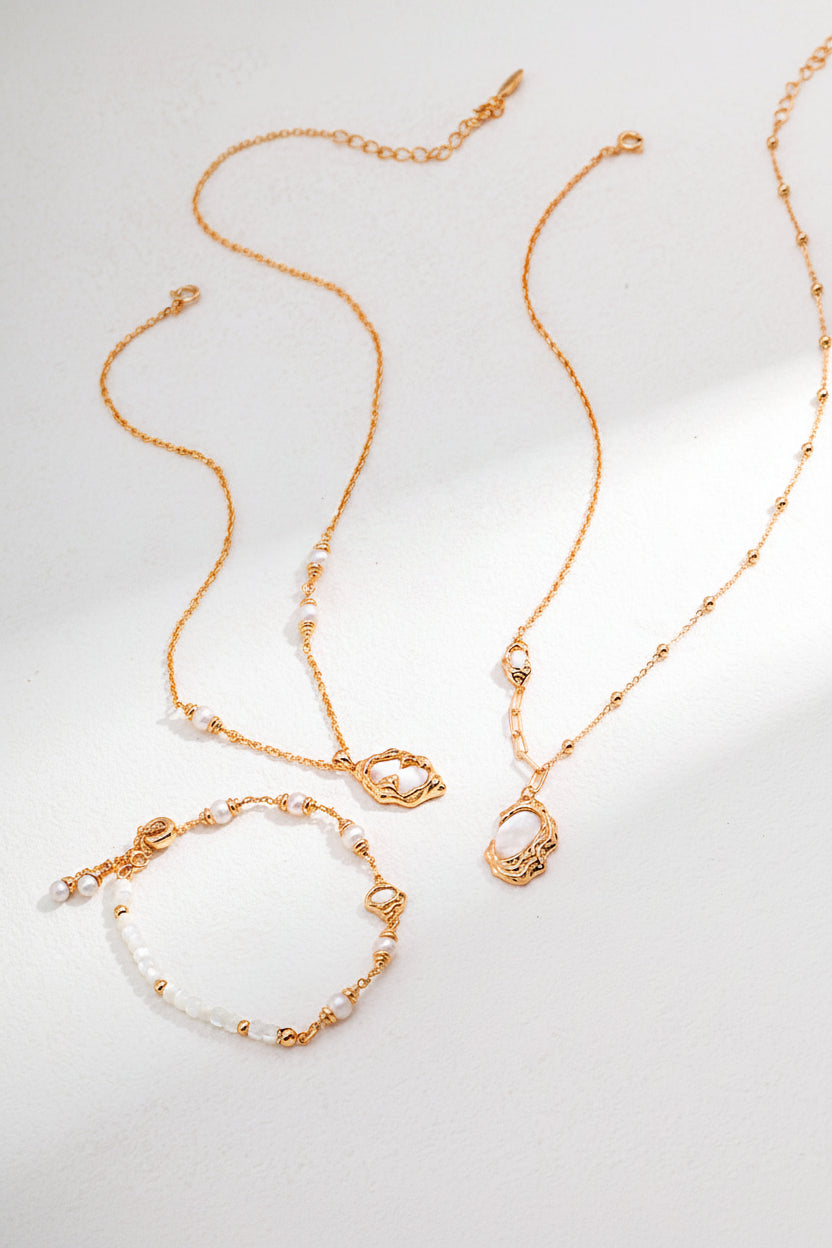 Natural Mother-of-Pearl Lava Fluid Series Sterling Silver Bracelet and Necklace Set