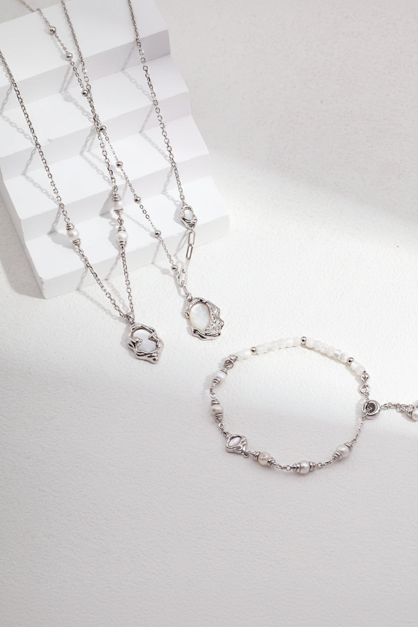 Natural Mother-of-Pearl Lava Fluid Series Sterling Silver Bracelet and Necklace Set