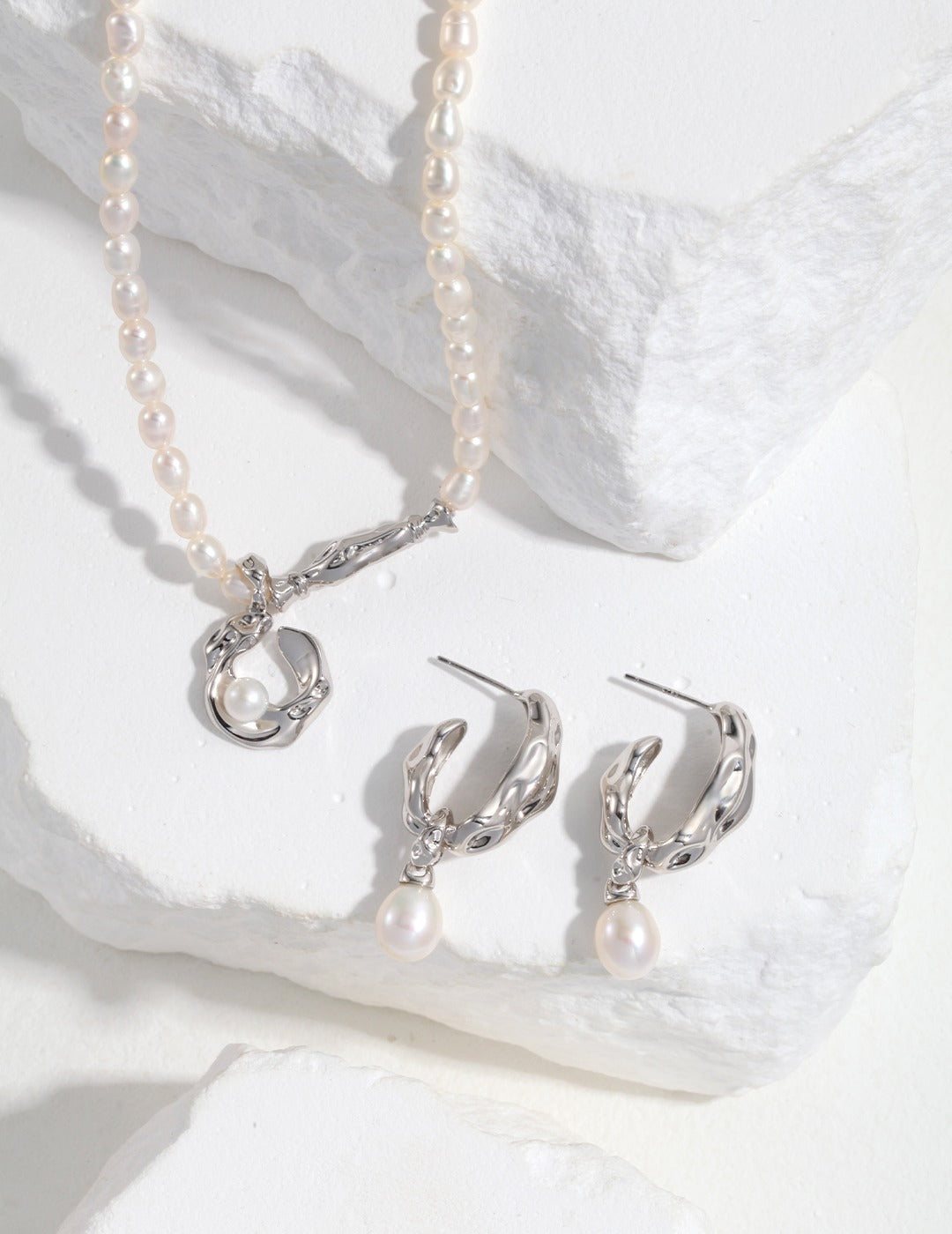 Natural Pearl Scarf Series Sterling Silver Pearl Earrings and Bracelet Set