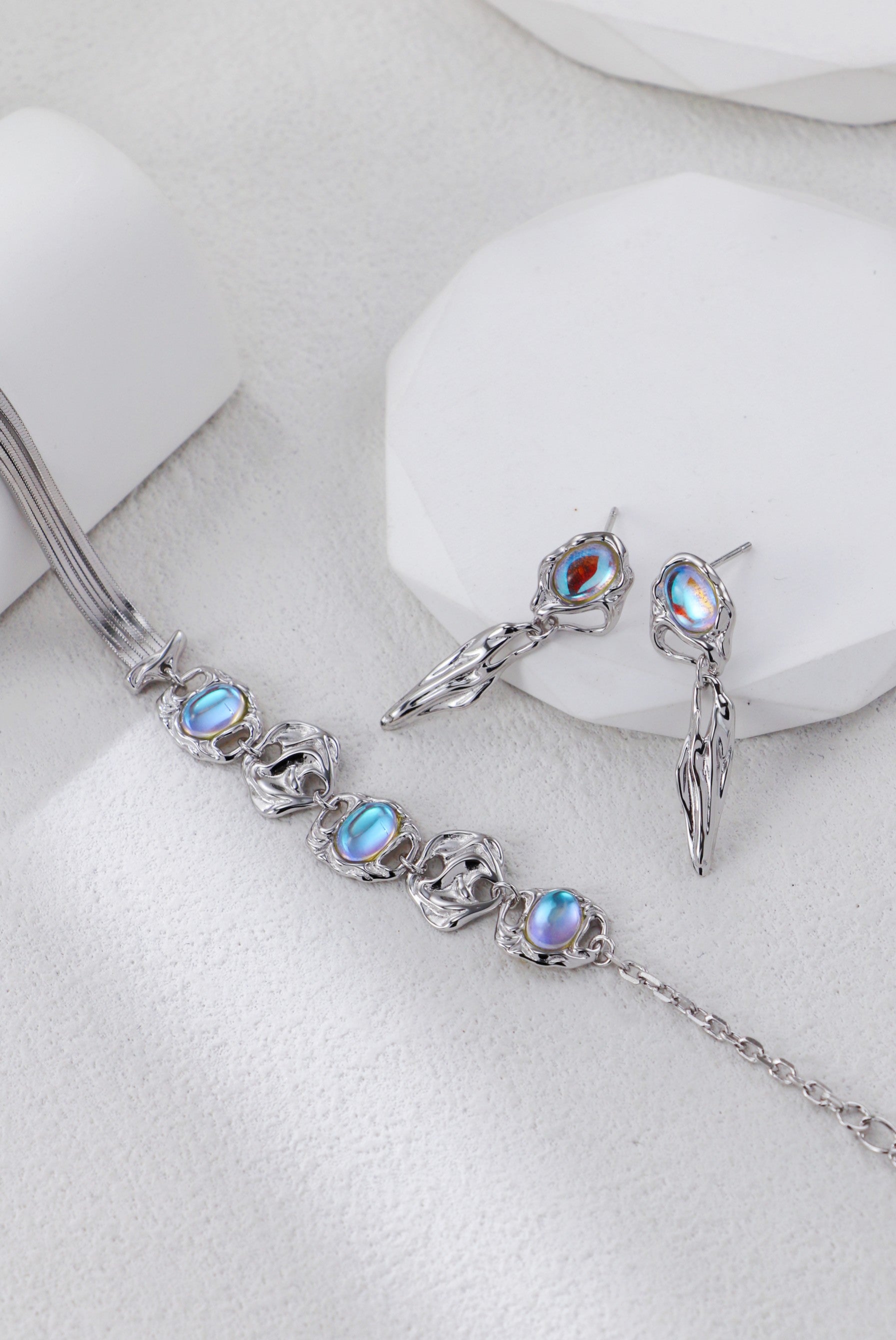 S925 Silver Moonstone Bracelet and Earring Set(Synthetic Moonstone)
