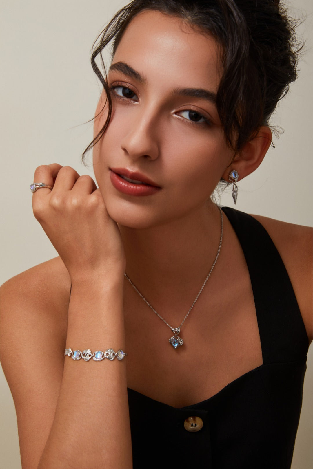 S925 Silver Moonstone Bracelet and Earring Set(Synthetic Moonstone)