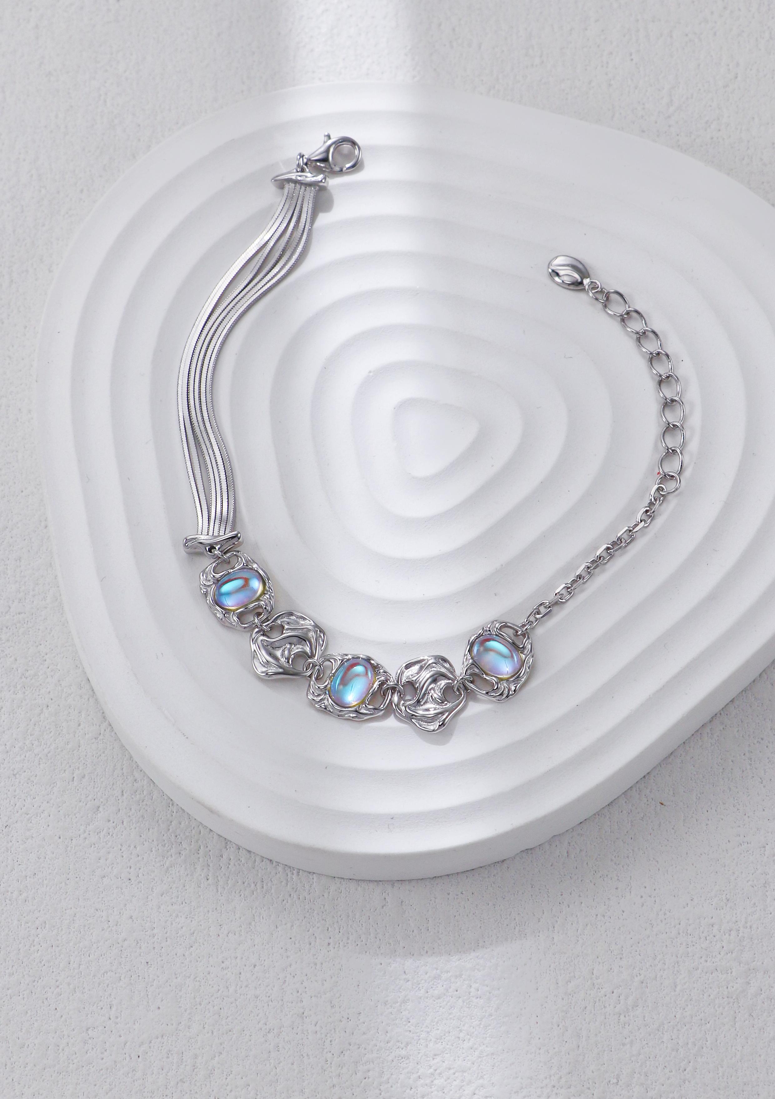 S925 Silver Moonstone Bracelet and Earring Set(Synthetic Moonstone)