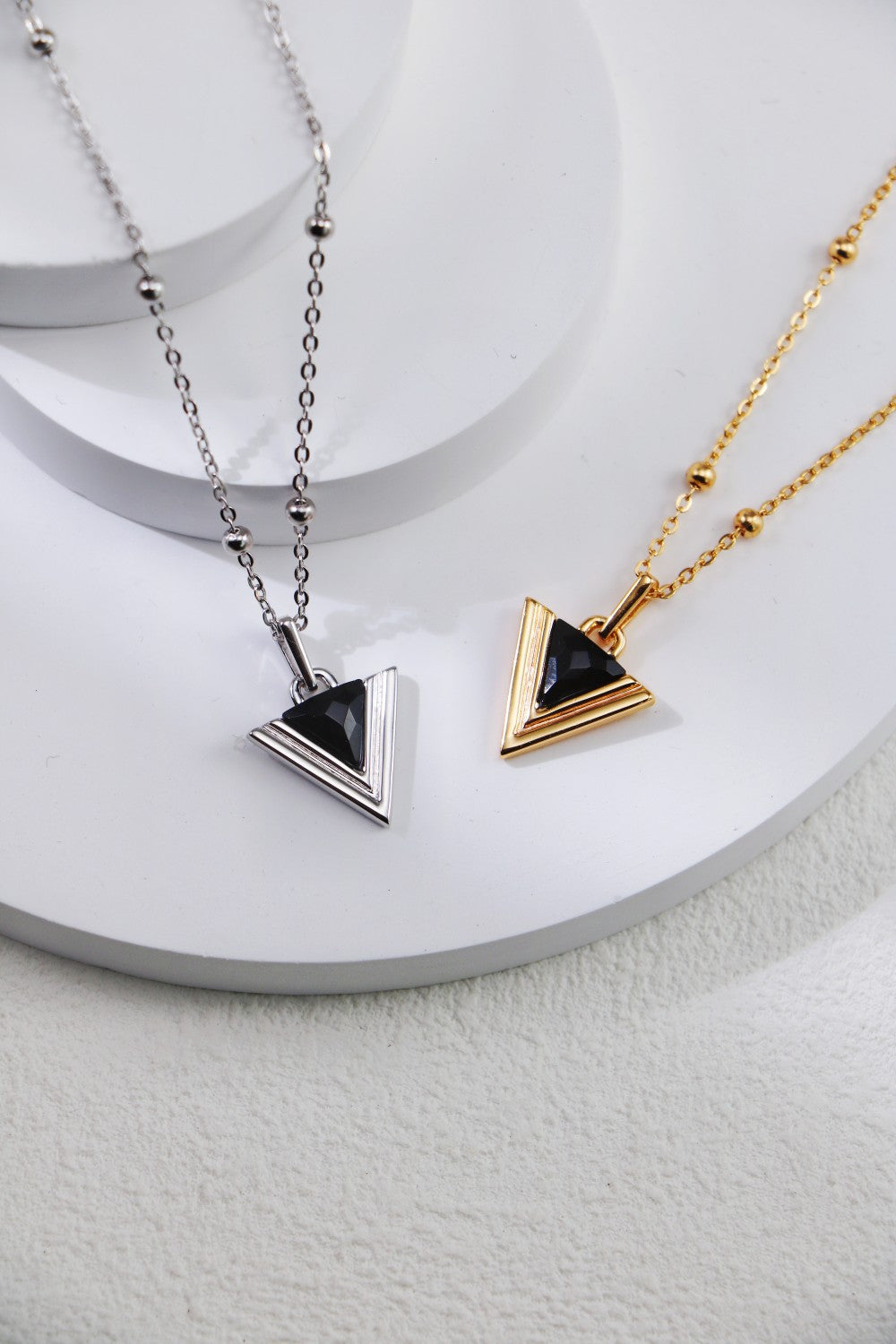 S925 Silver Triangle Black Onyx Fashion Necklace and Earrings Set