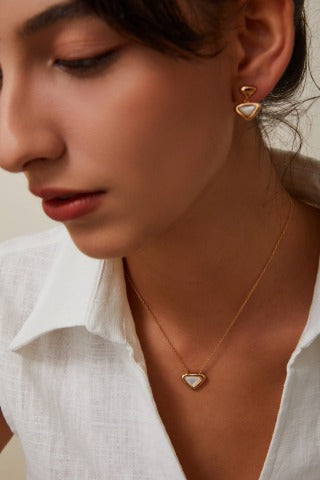 S925 Silver Triangle Mother-of-Pearl Necklace and Earrings Set