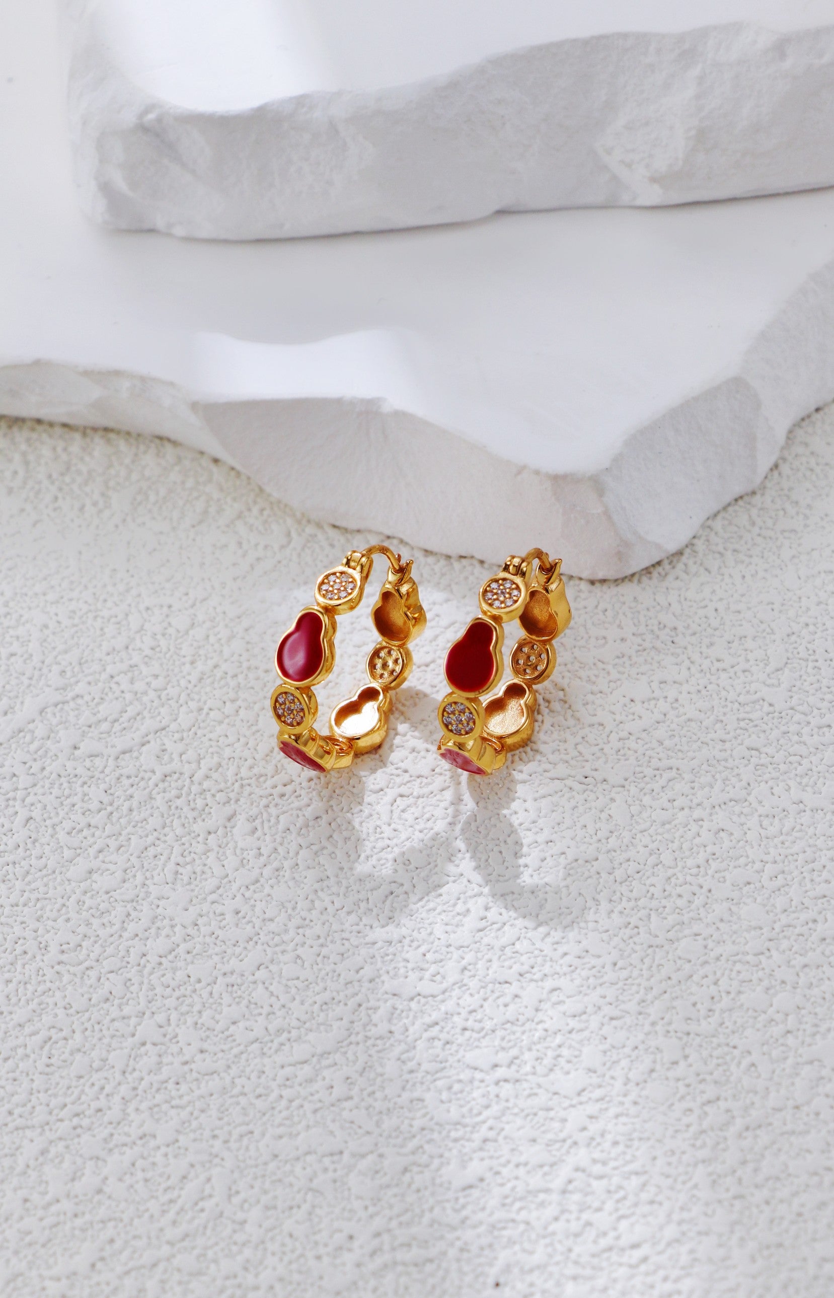 S925 Silver Vintage Gold Geometric Design Red Enamel Earrings with Zicron Accents