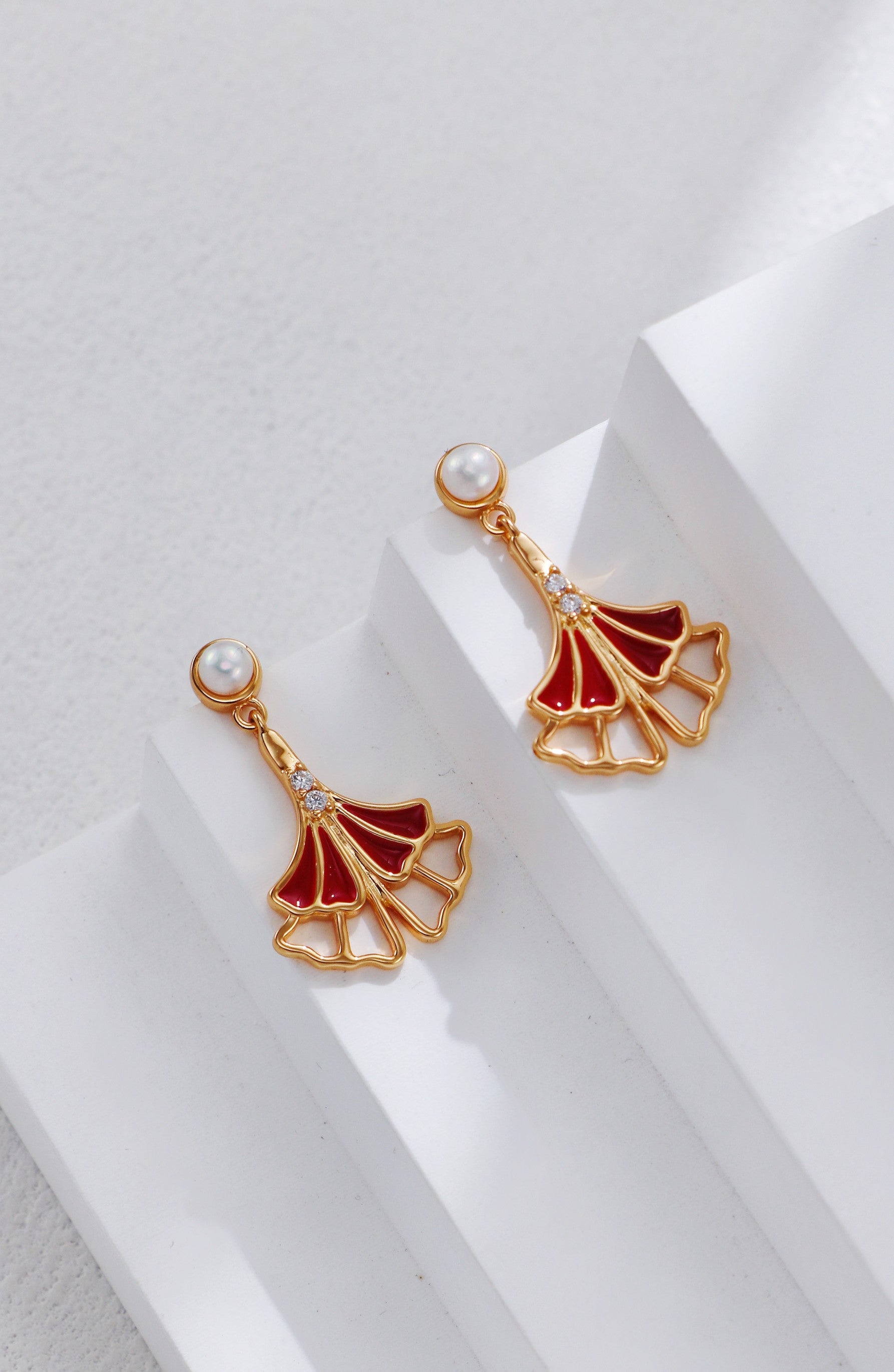 S925 Silver Vintage Gold Ginkgo Leaf Red Enamel Earrings | Oriental Elegance