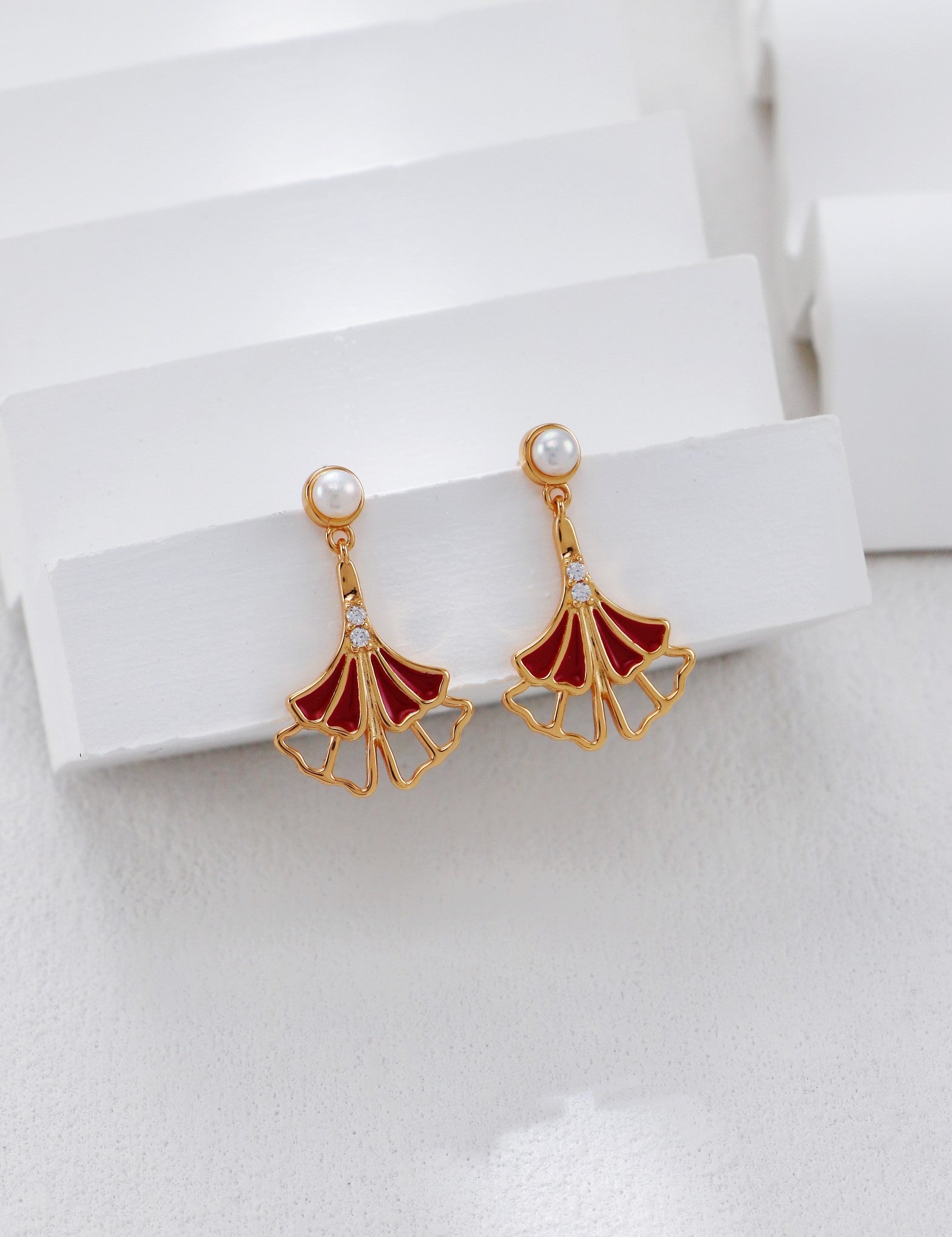 S925 Silver Vintage Gold Ginkgo Leaf Red Enamel Earrings | Oriental Elegance