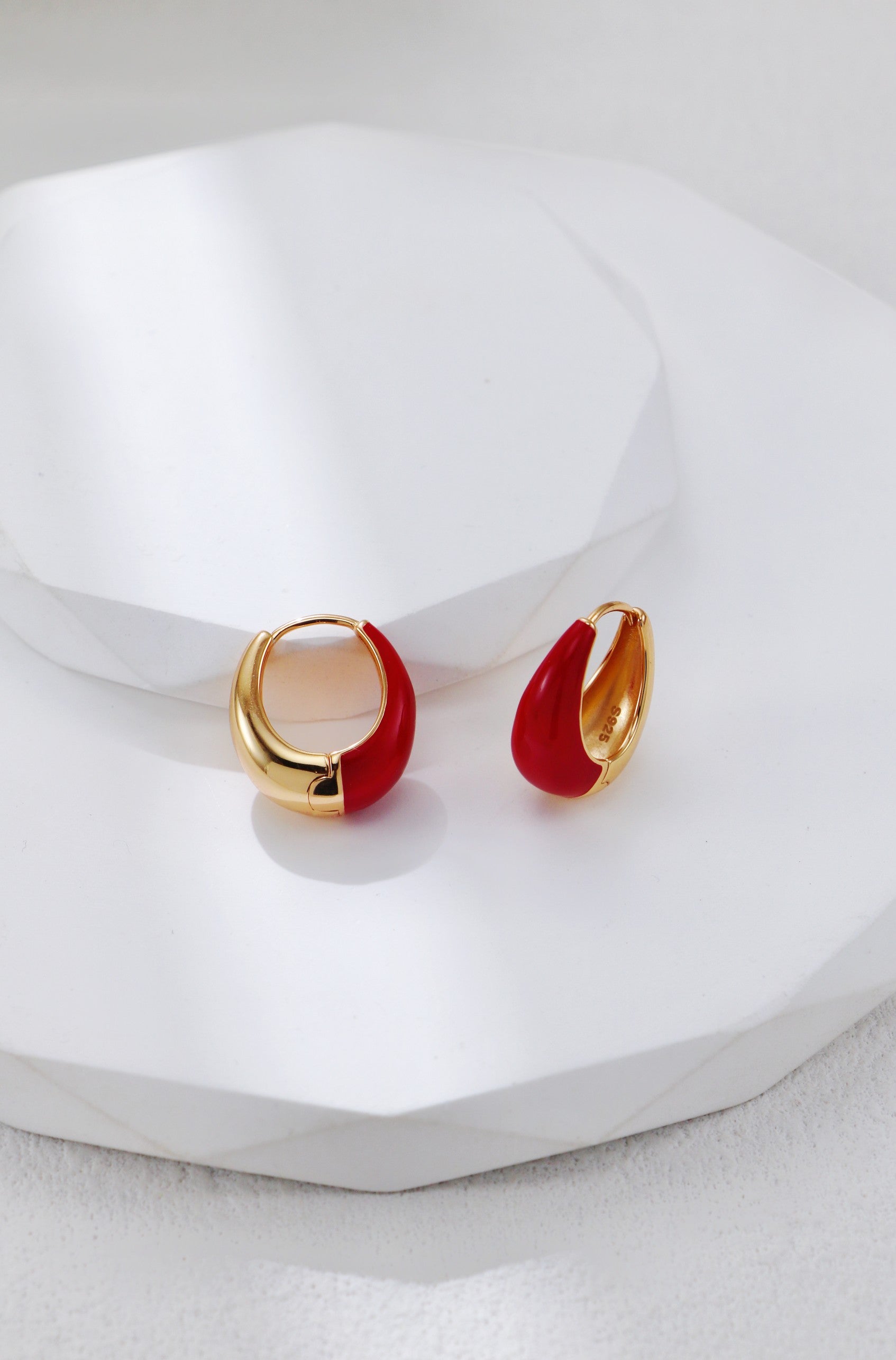 S925 Silver Vintage Gold & Red Enamel Earrings | Retro Hong Kong Style