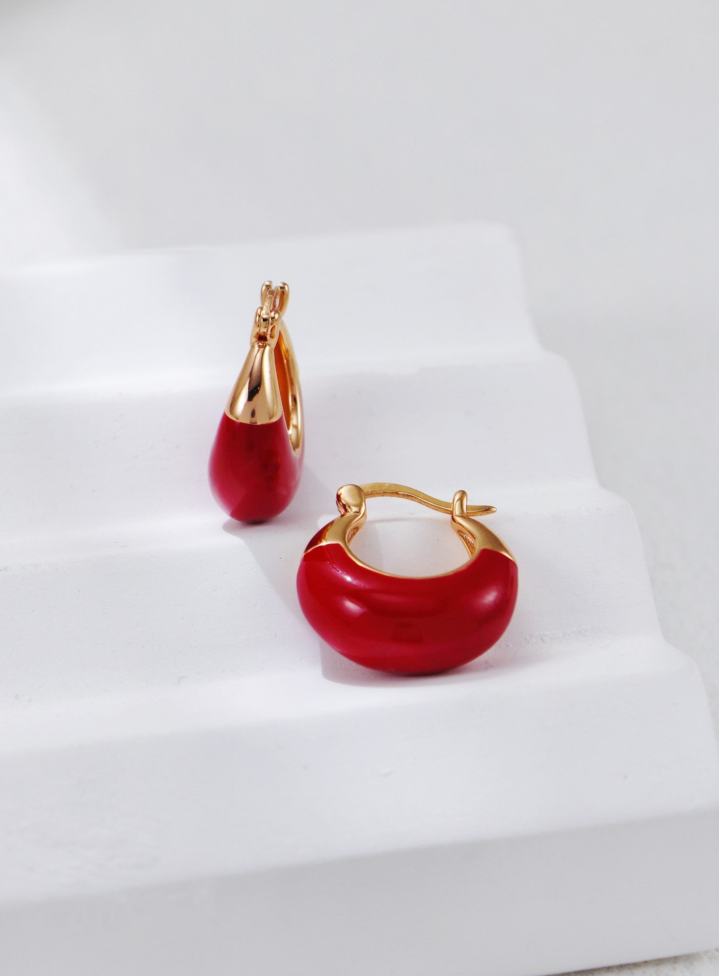 S925 Silver Vintage Gold & Red Enamel Hoop Earrings | Retro Chic Vibe