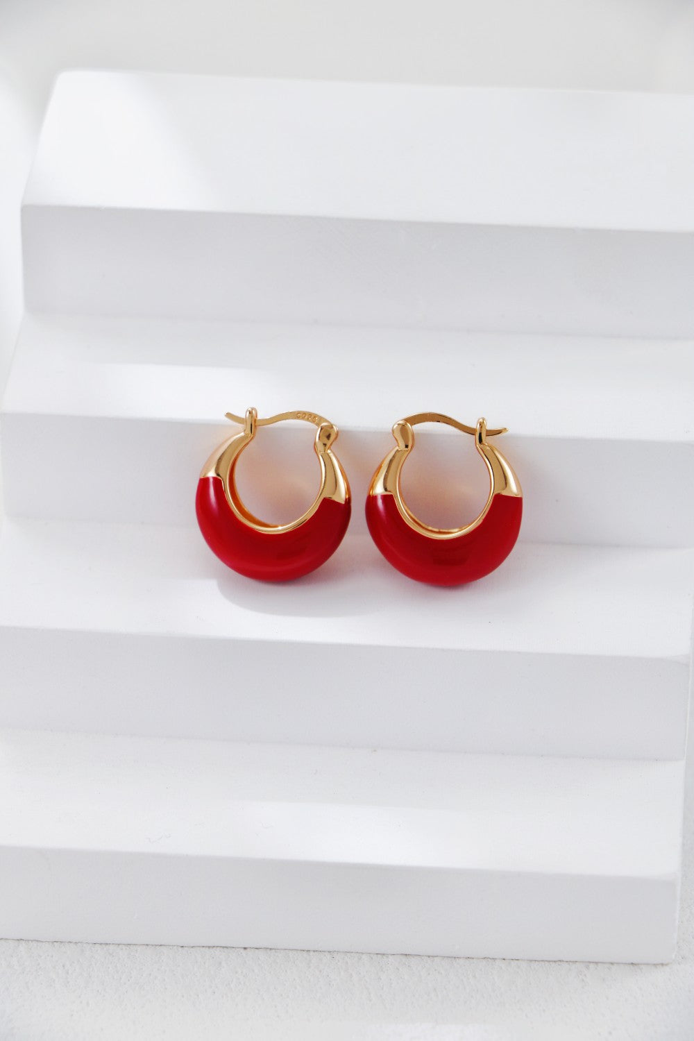 S925 Silver Vintage Gold & Red Enamel Hoop Earrings | Retro Chic Vibe